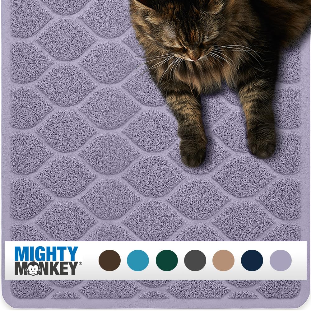 Mighty Monkey Waterproof Bpa Free Cat Litter Box Trapping Mat, Easy Clean Floors, Textured Baking, Soft On Sensitive Kitty Paws, Cats Accessories, Less Waste, Stays In Place, 24X17, Purple