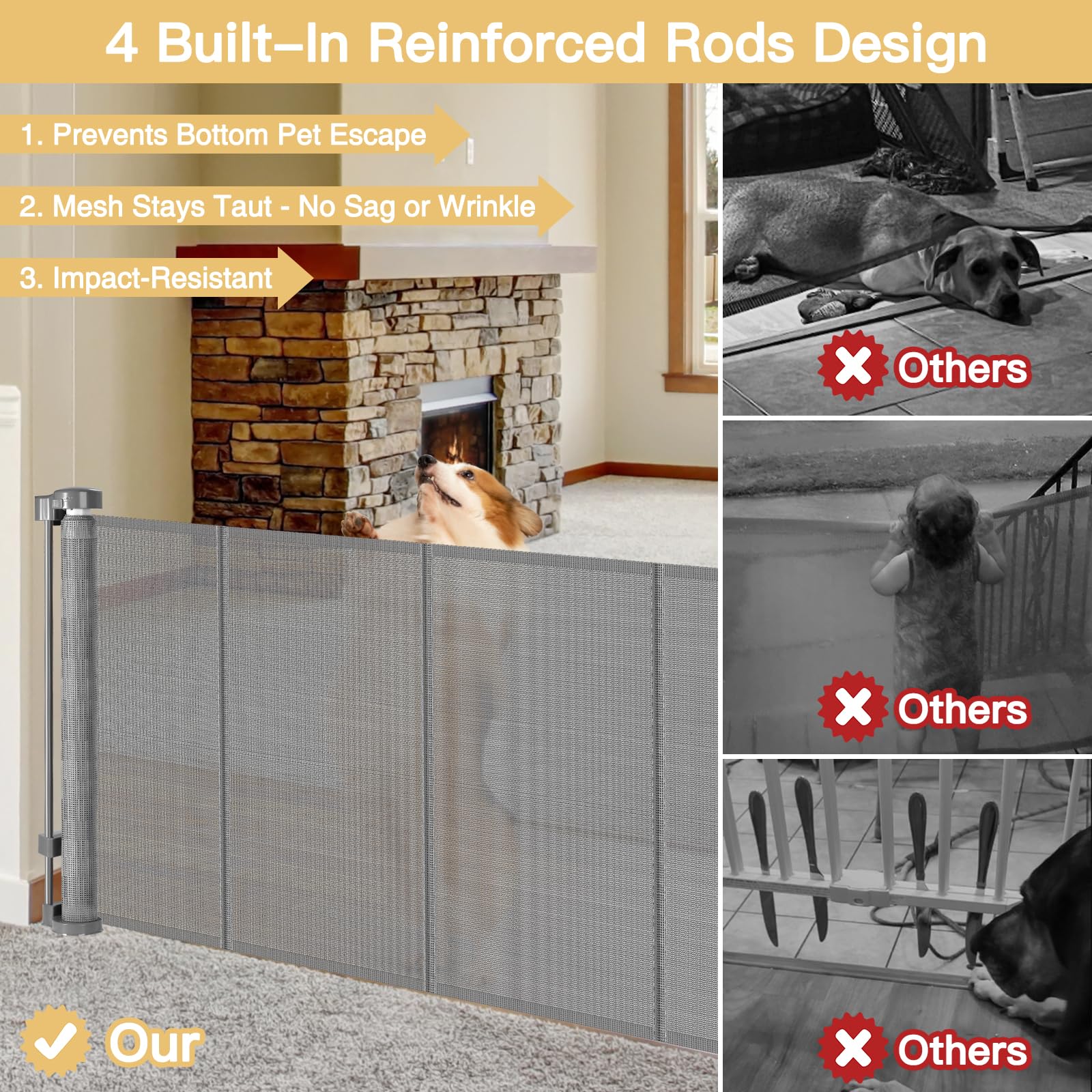 Reinforced 28-Inch Tall Retractable Baby Gates for Doorways, Walk Through Pet Gate for Stairs, Short Baby Gate with Support Rods