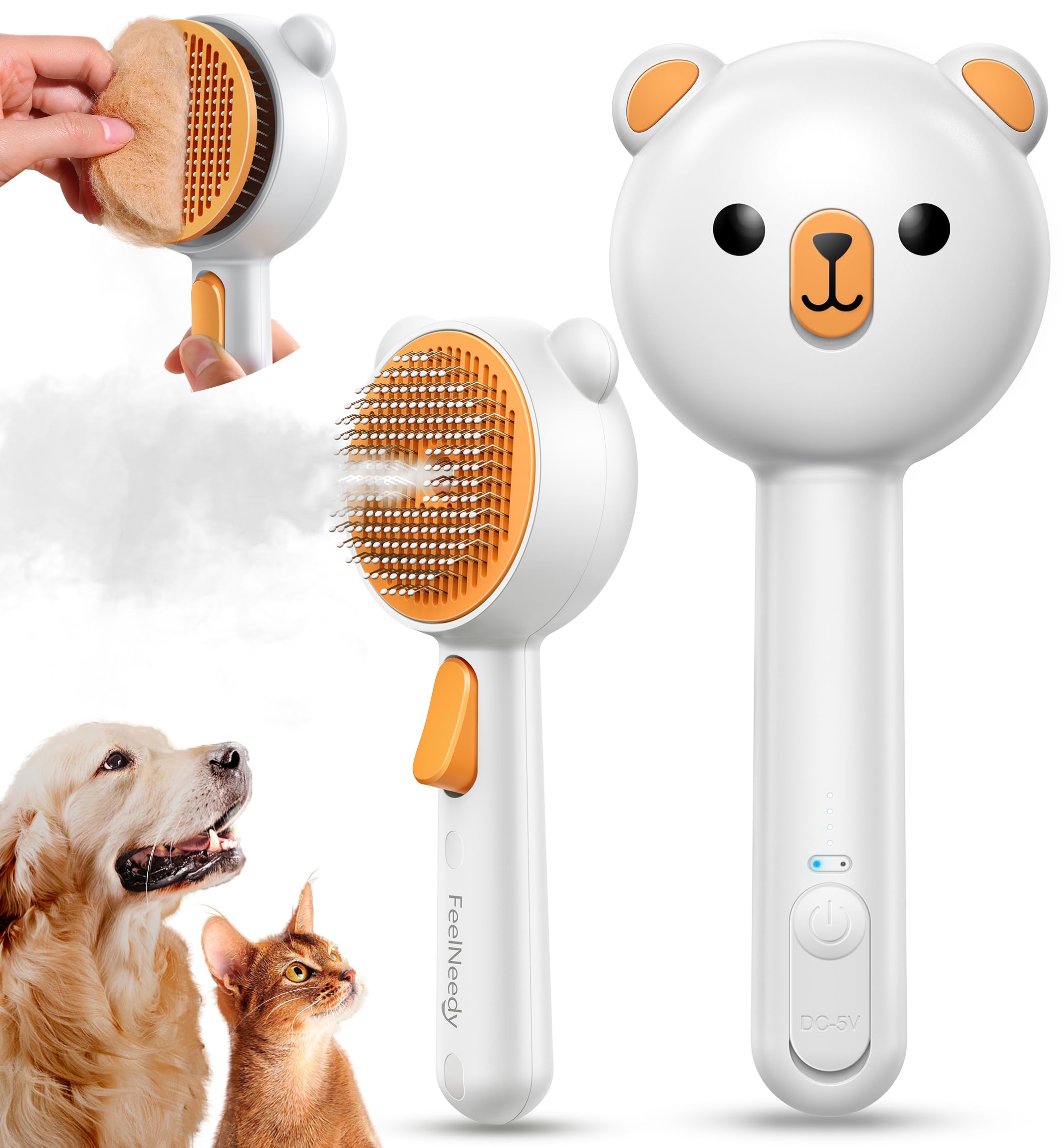 Pet Steam Brush for Dogs & Cats, Brushes for Indoor Cats with Release Button, Dual Speed Spray USB Rechargeable Grooming Supplie