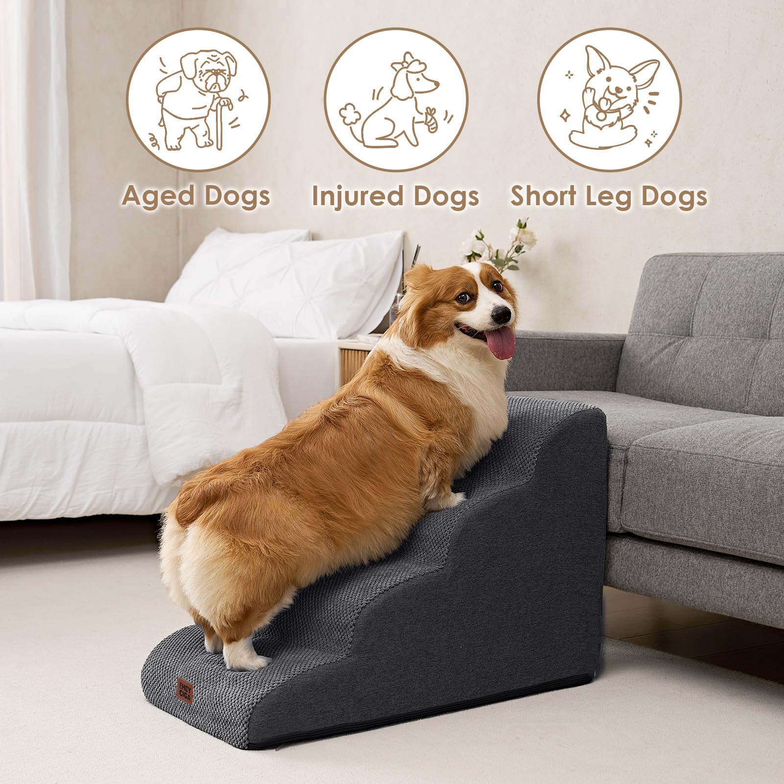 Eheyciga Curved Dog Stairs Ramp For High Beds 19.7' H, 4-Step Dog Steps For Small Dogs And Cats, Pet Stairs For High Bed Climbing, Non-Slip Balanced Pet Step Indoor, Grey