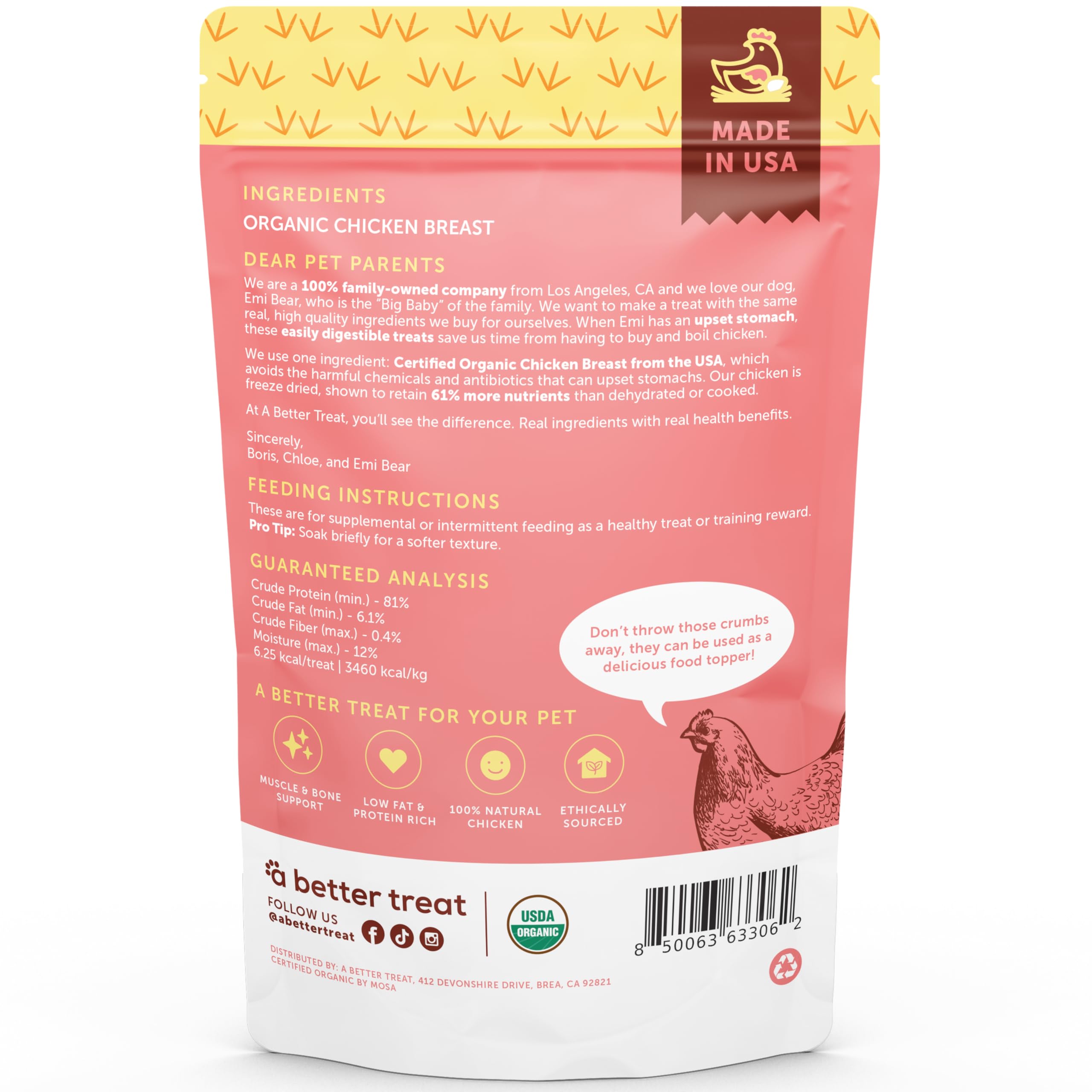 A Better Treat - Organic Freeze Dried Chicken Breast Dog Treats, Organic, Single Ingredient | Natural Healthy High Value | Glute