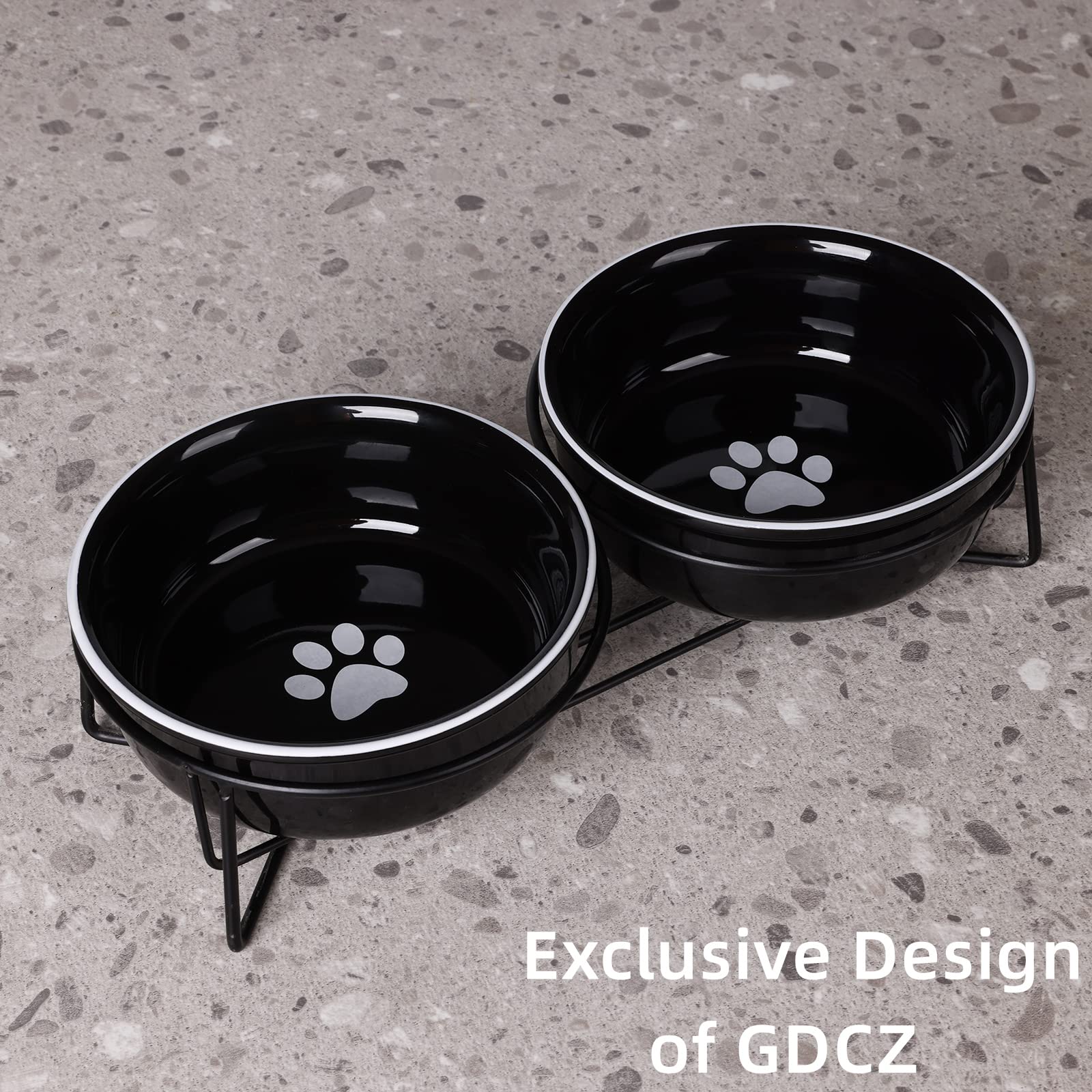 Gdcz Ceramics Raised Cat Small Dog Bowls With Heighten Metal Stand,15 Ounces (Black)