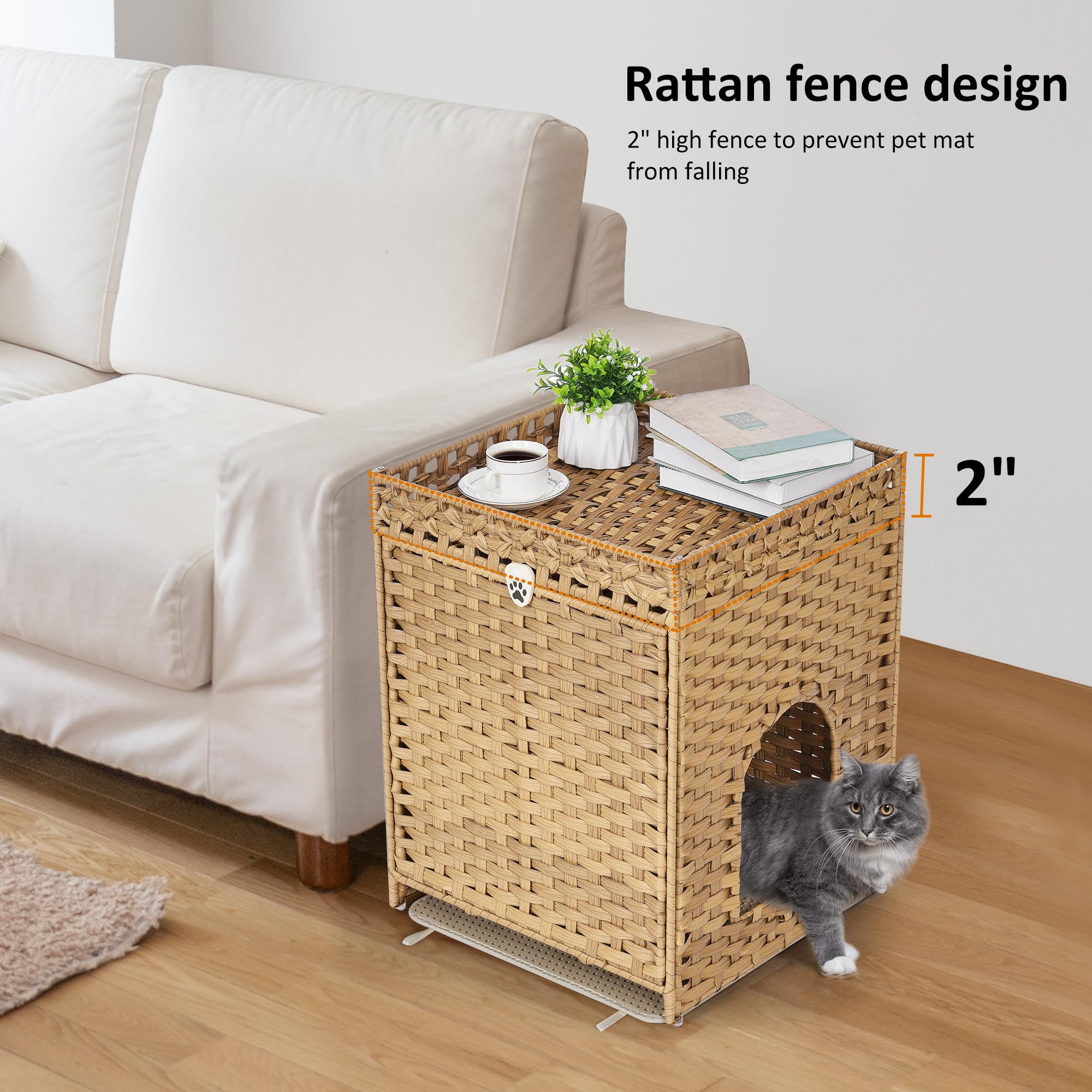 Honiakaka Cat Litter Box Enclosure, Handwoven Rattan, 18.2''L x 18.2''W x 24.2''H, Natural, Model HL