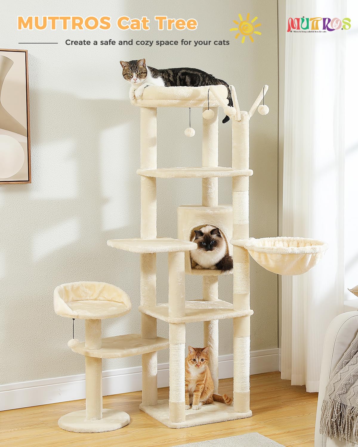 Muttros 59' Cat Tree, Tall Cat Tree For Large Cat, Multi-Level Cat Tower With 3 Removable Pompom Sticks, Cat Tree For Indoor Ca