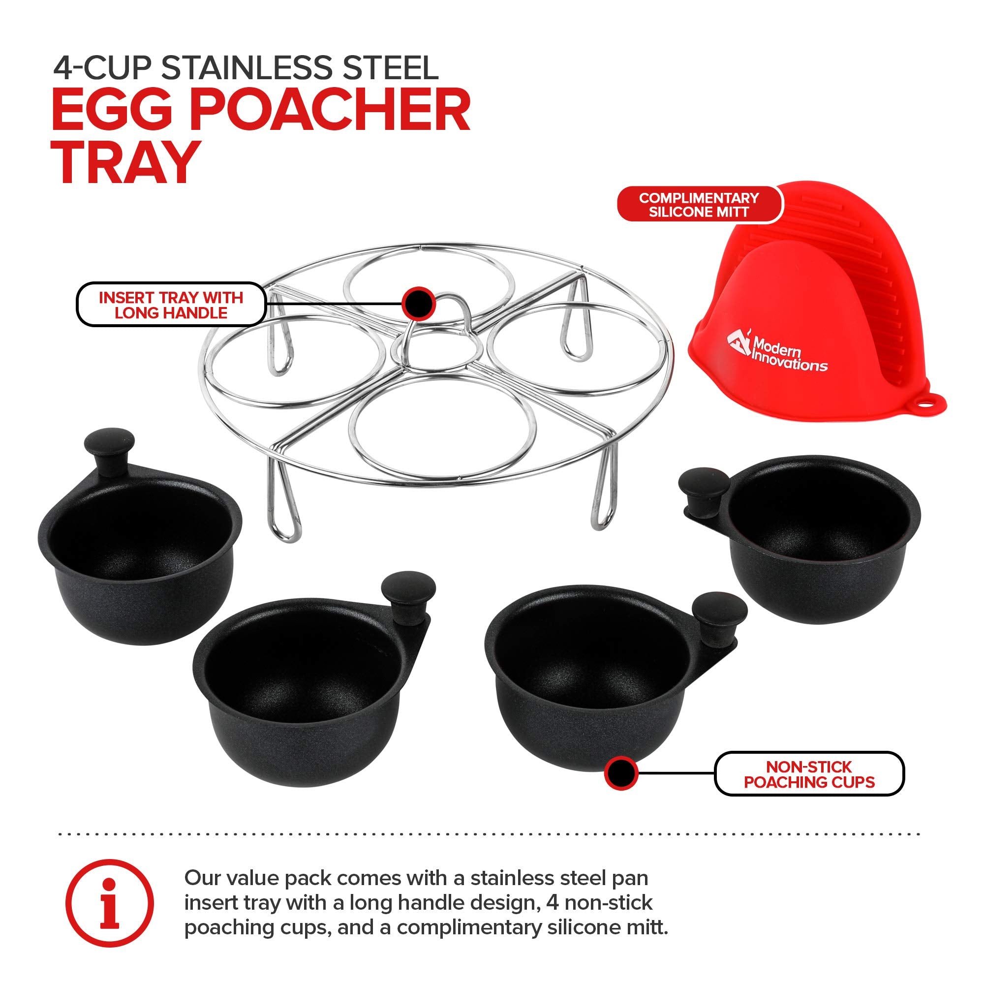 Modern Innovations Stainless Steel 4-cup Egg Poacher Tray - complimentary Silicone Mitt - Egg Poacher Insert for Poaching Eggs