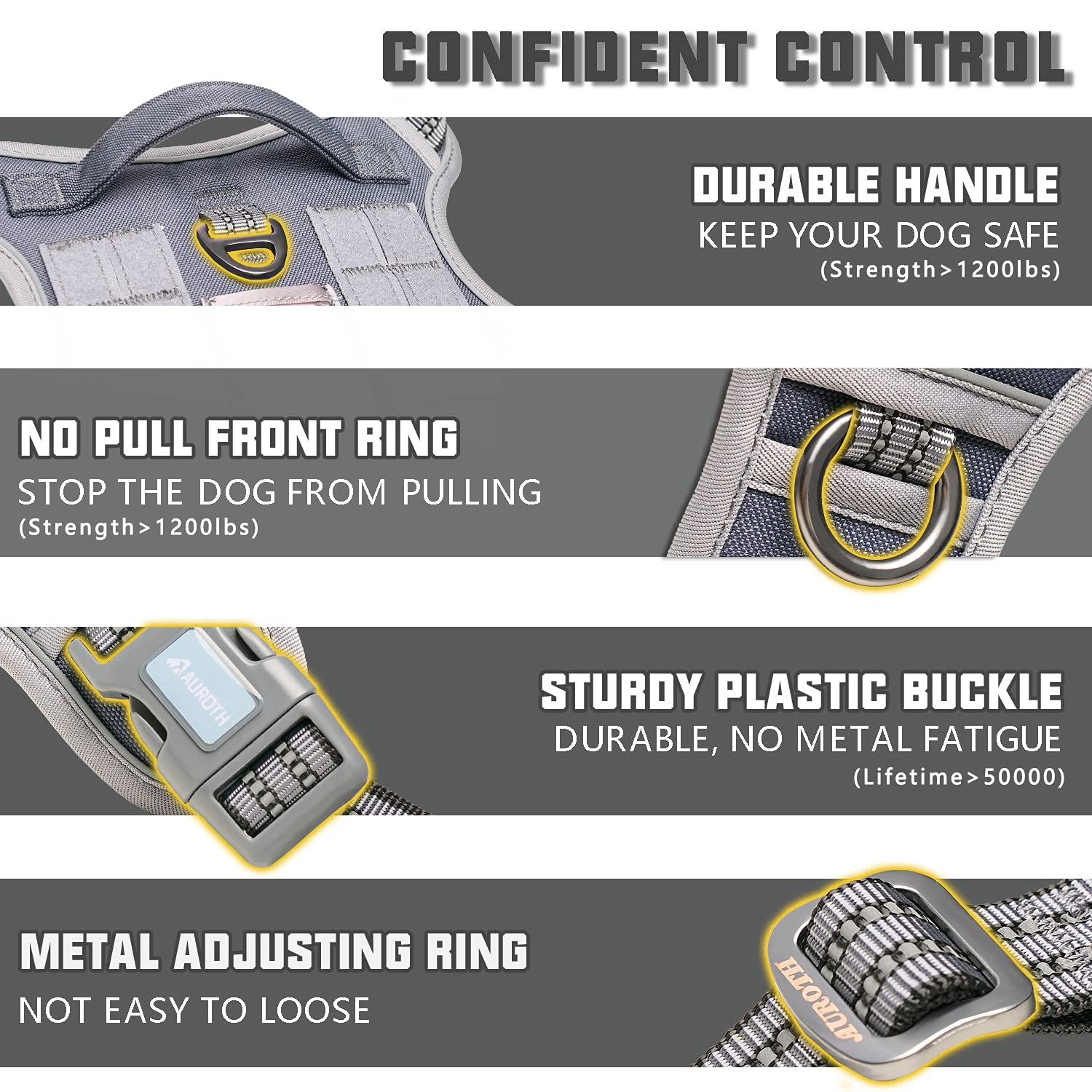 Auroth Tactical Dog Harness For Small Medium Dogs No Pull Adjustable Pet Harness Reflective K9 Working Training Easy Control Pet Vest Military Service Dog Harnesses Grey M