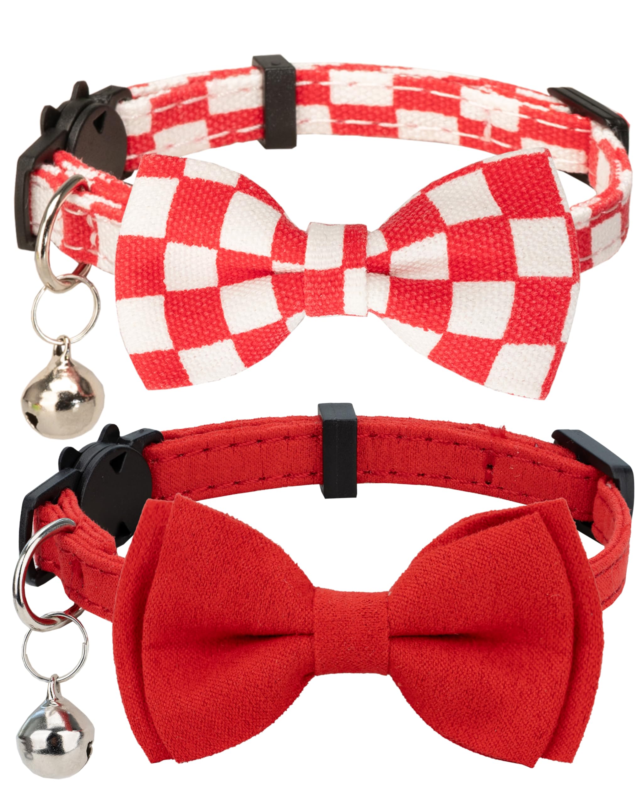 Gyapet Collar For Cats Pets Breakaway With Bell Bowtie Floral Bow Detachable Adjustable Safety Puppy 2Pcs Plaid & Solid-Red