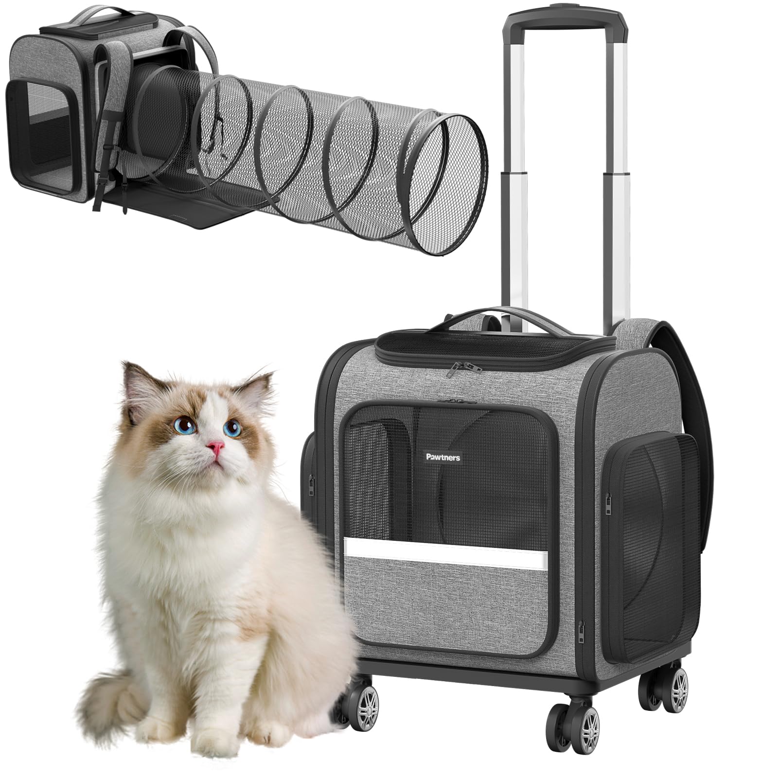 Rolling Cat Carrier With Wheels: Dog Carrier For Small Dogs & Large Cats, Expandable Pet Carrier On Wheels With Cat Play Tunnel,