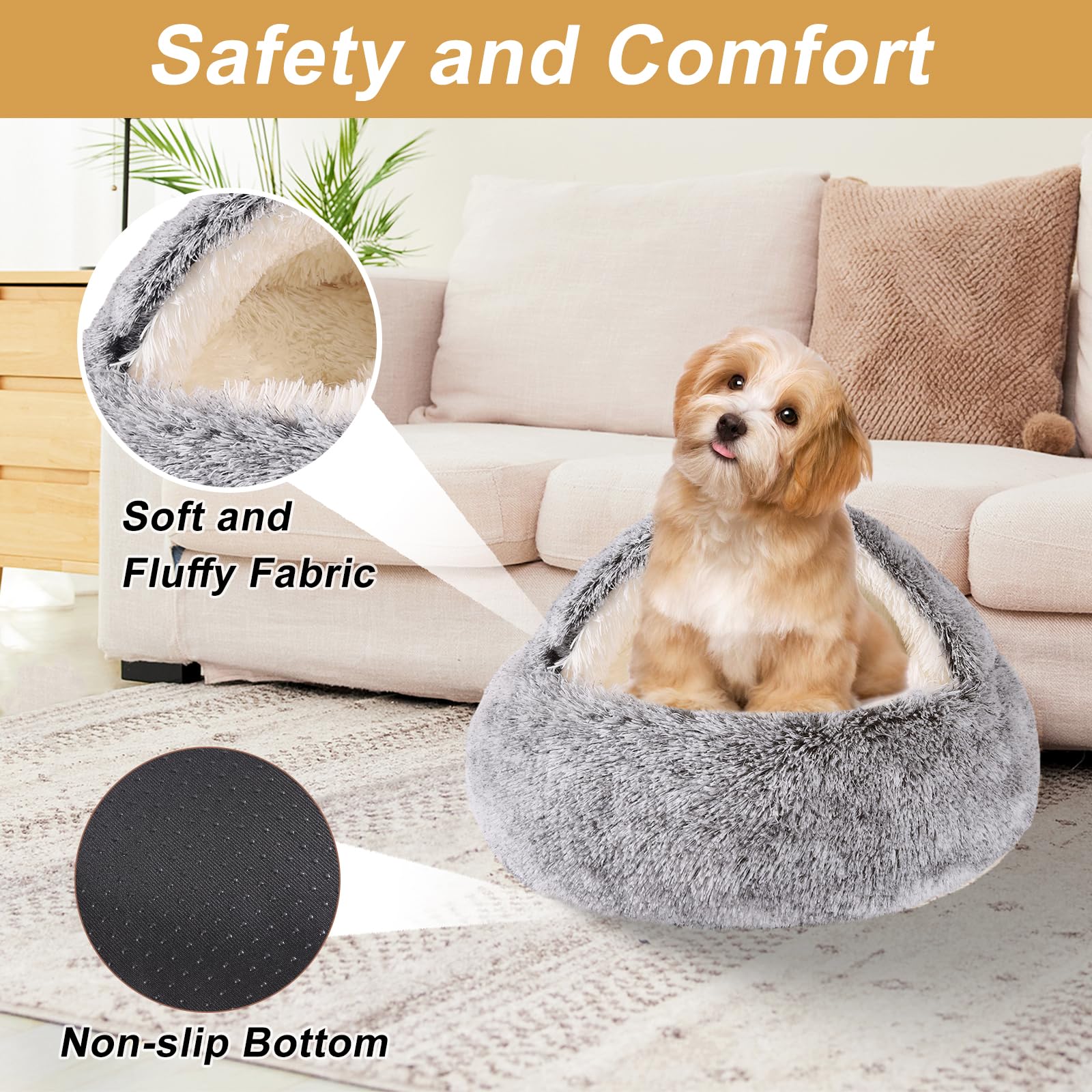 Cozy Nook Pet Bed For Dogs Or Cats - Washable Cute Cat Bed, Anti-Slip Fits Up To 12 Lbs Pets(Grey, 20'' X 20'')