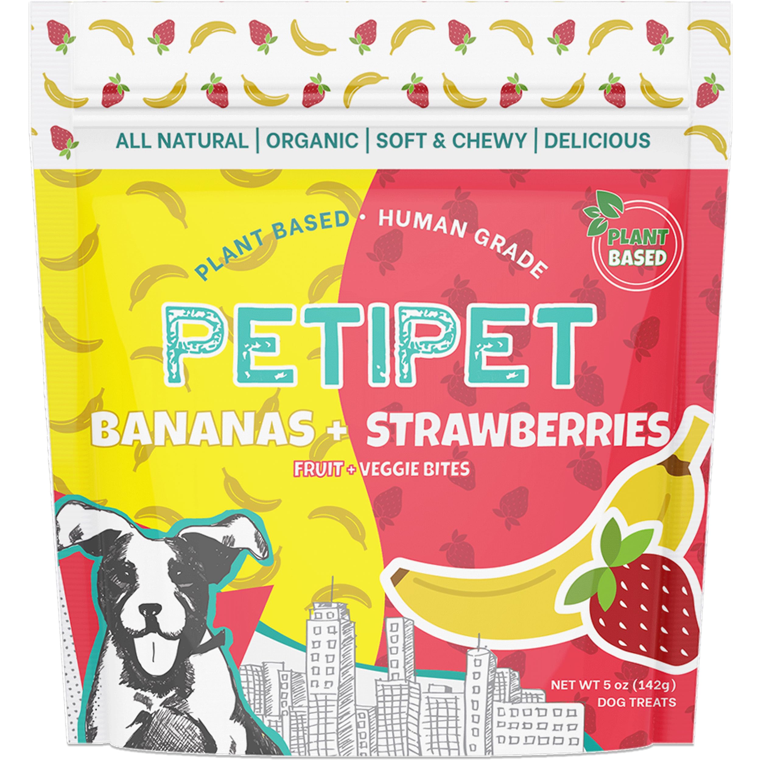 PETIPET Bananas+Strawberries Plant-Based Fruit Dog Treats - Strawberry, Apple, Banana Soft & Chewy Treats - Healthy, Vegetarian,