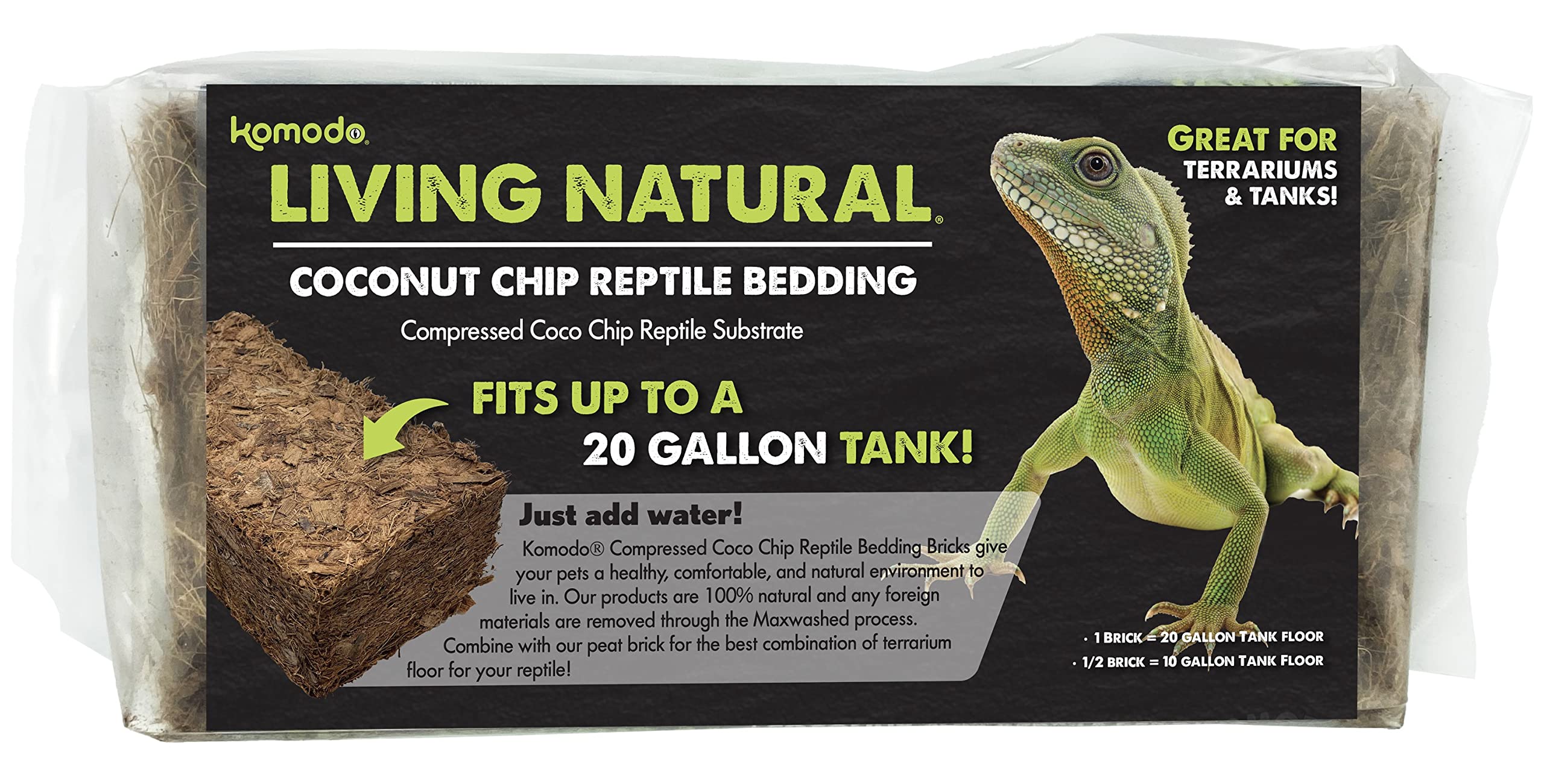 Komodo Coconut Coir Chip Brick | 100% Natural Coconut Coir Reptile Terrarium Habitat Bedding | Retains Moisture For Regulating Humidity | Fits Up To A 20 Gallon Tank