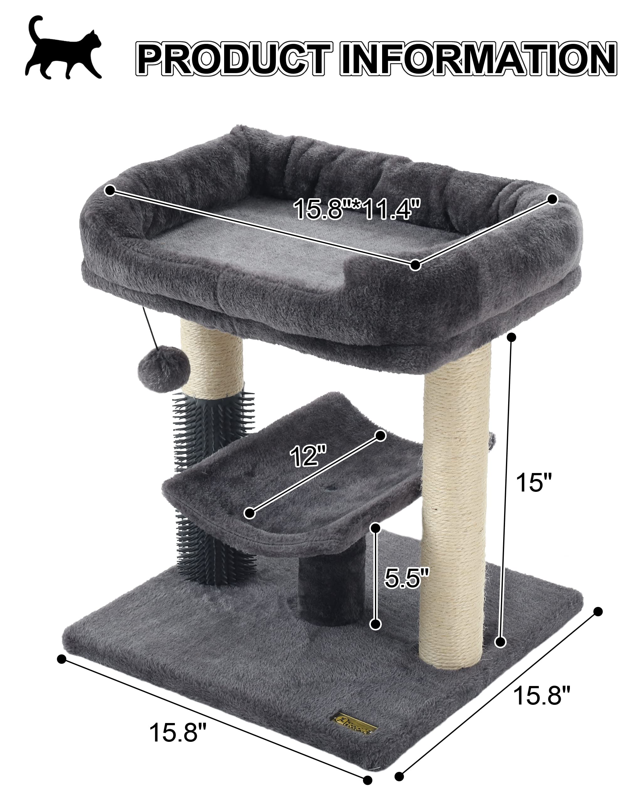 HOOPET Cat Tree Tower, Smoky Gray Cat Scratching Post with Cozy Perch, Self Groomer, Interactive Ball, Model HYAMZ-MPJ005