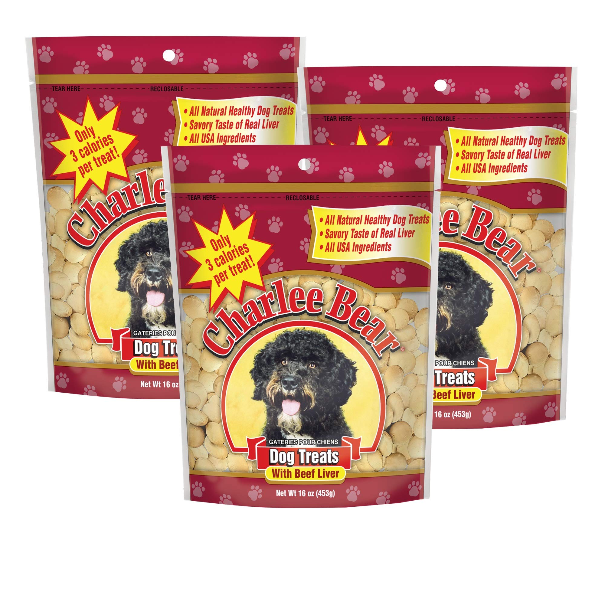 Charlee Bear Original Crunch Beef Liver Dog Treats, 16 oz (3-pack) - Made in the USA, Natural Training Treats for Dogs