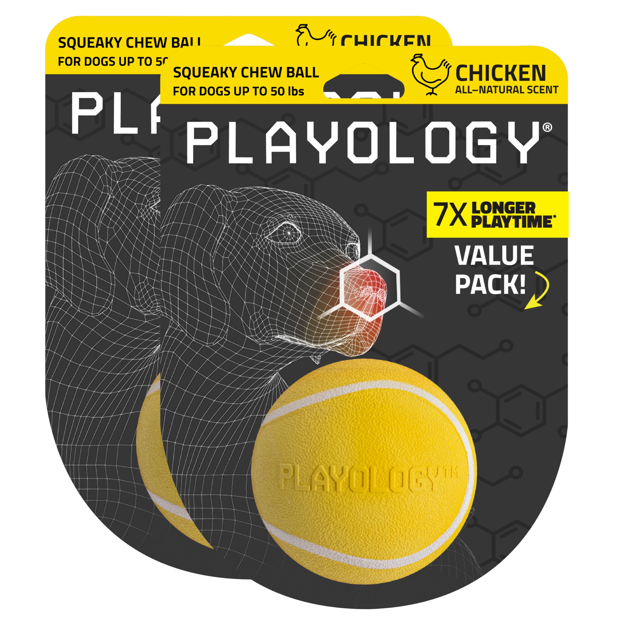 Playology Squeaky Chew Ball for Dogs | Engaging All-Natural Chicken Scented Dog Toy for Medium Dogs up to 50lbs, Value 2-Pack | 