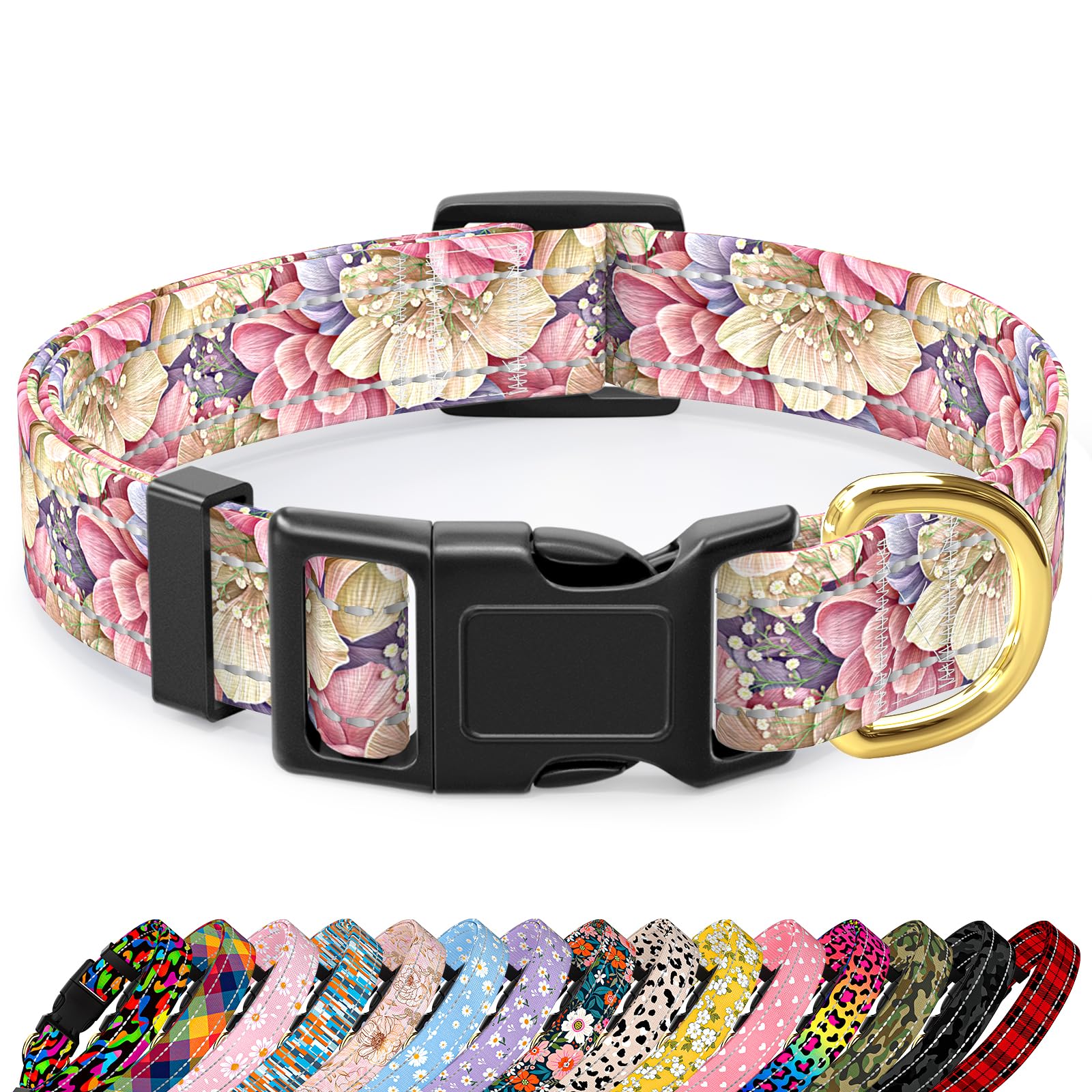 Tmoodel Reflective Dog Collar For Large Dogs, Cute Flower Theme Adjustable Heavy-Duty Nylon Puppy Collar For Boy And Girl Female