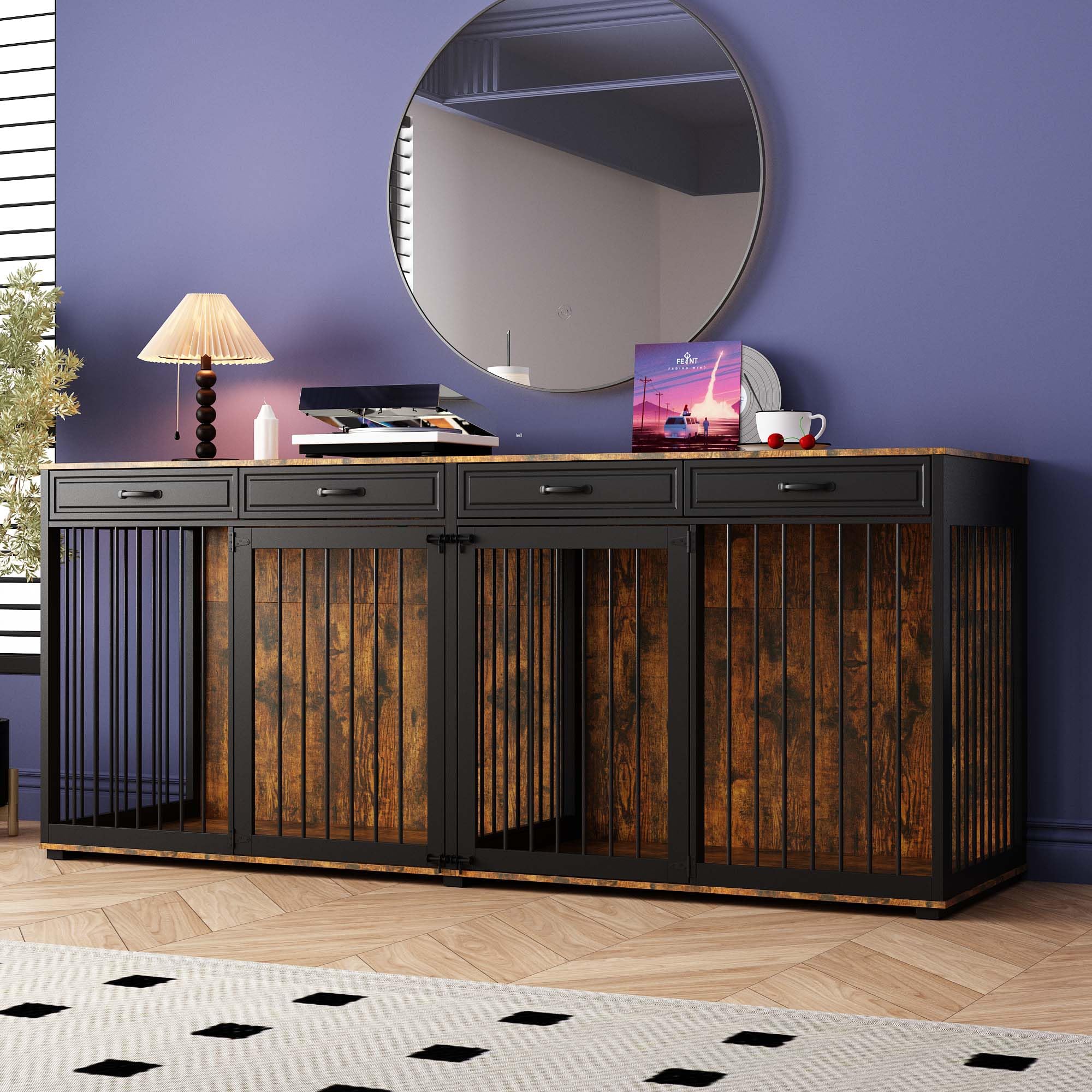 Timechee Extra Large Dog Crate with Double Rooms, 93  Heavy Duty Wooden Dog Cage Furniture Dog Crate Kennel w/Drawers & Removabl