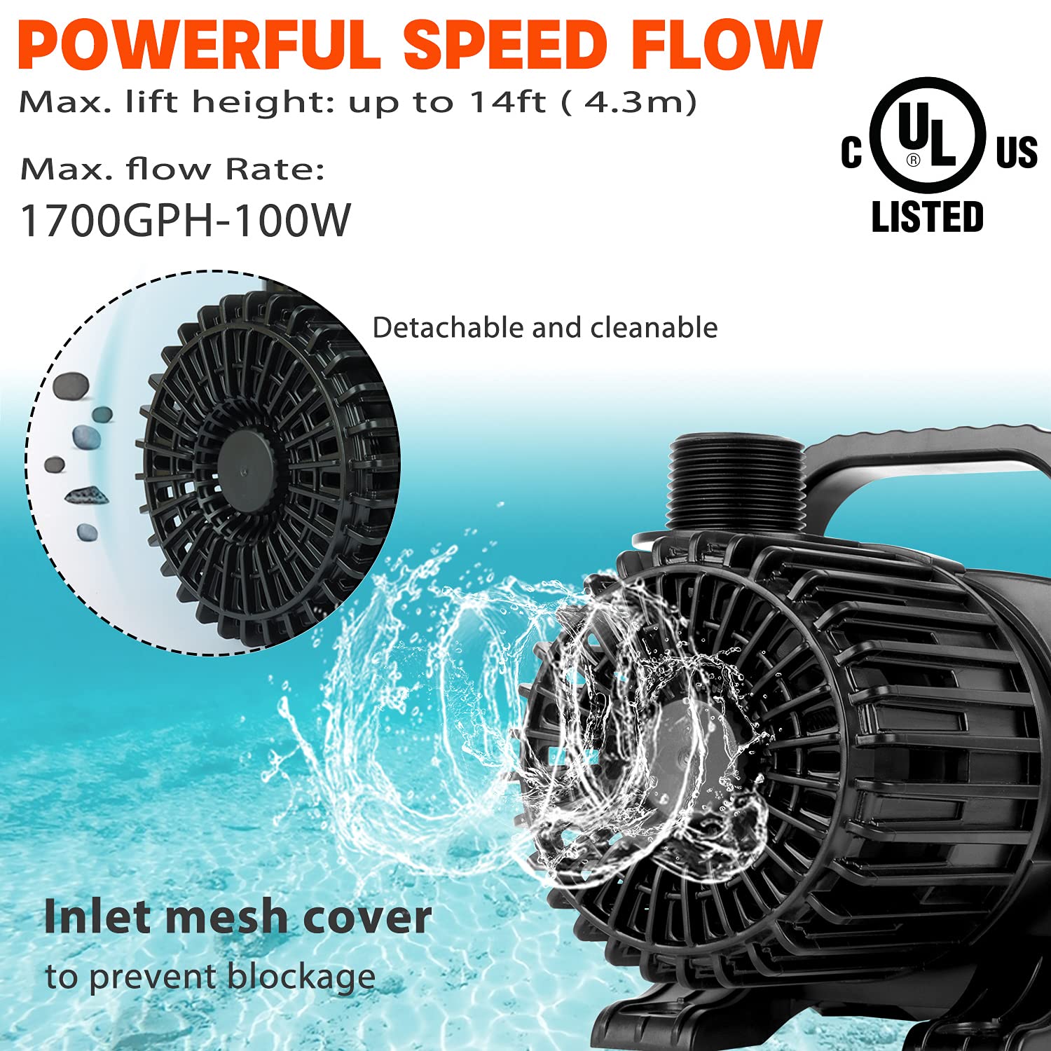 Waterrebirth (1700Gph-120W,Ul Listed) Ps- High Flow Submersible Water Pump - Pond Pump - Submersible Pump - Water Fountain Pump - Aquarium Pump,Ps-1700