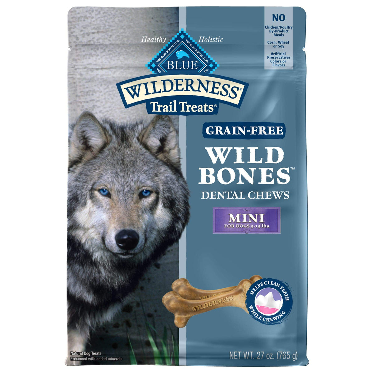 Blue Buffalo Wilderness Wild Bones Grain Free Dental Chews Dog Treats, Mini 27-Oz Bag