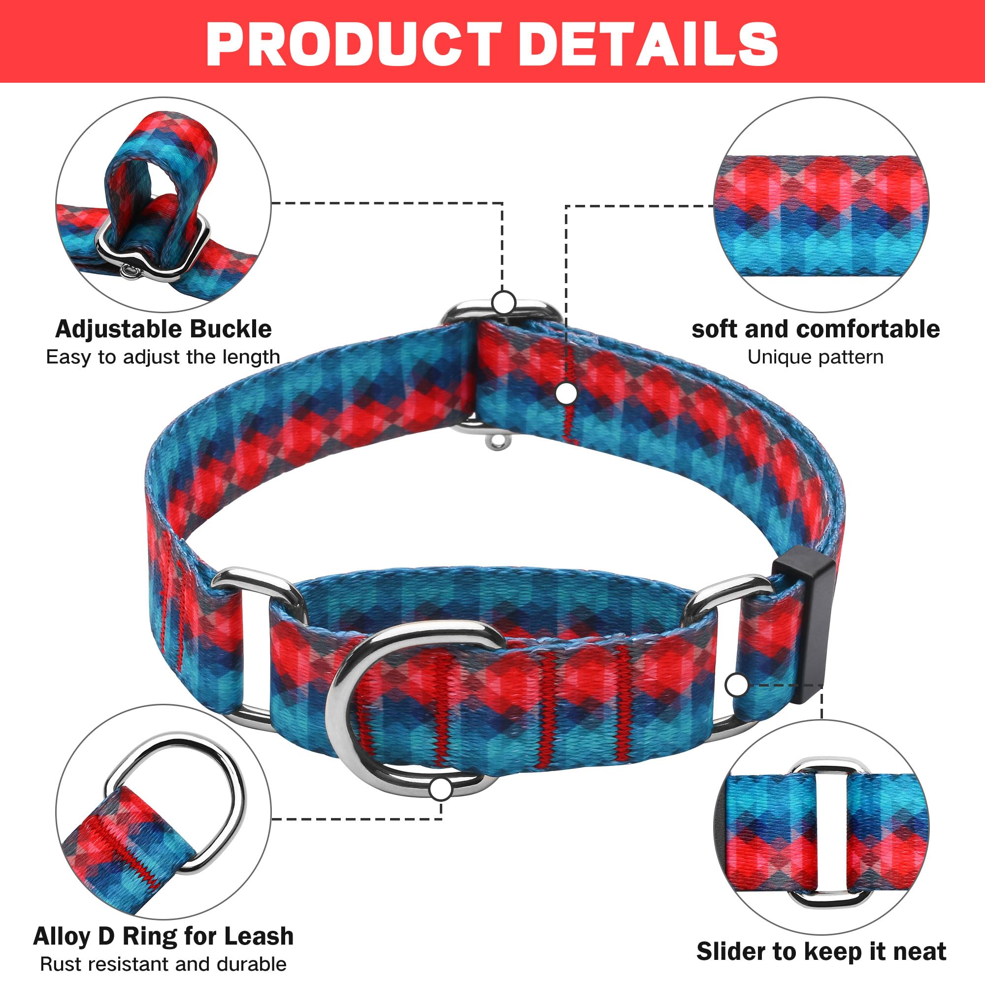 Hikiko Martingale Collar For Dogs With No Buckle Geometric Red Green Dog Collars For Small Dogs,Gradient,S