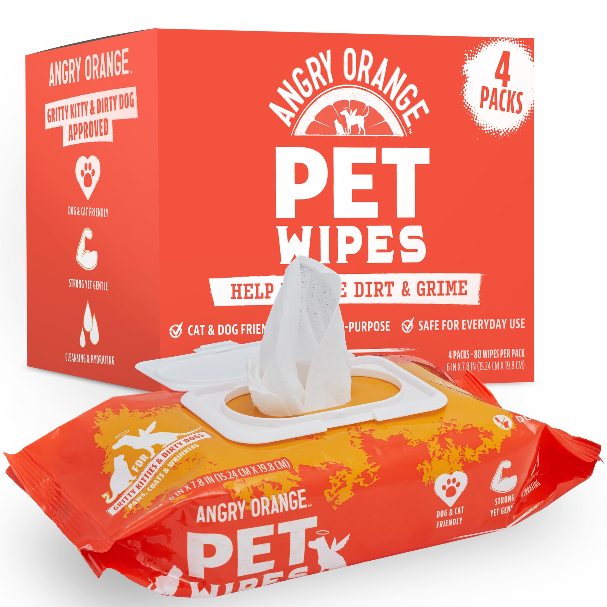 Angry Orange Pet Wipes For Dogs And Cats - Unscented And Gentle Grooming Wipes For Paws, Fur And Butt - 320 Count - Value 4 Pack