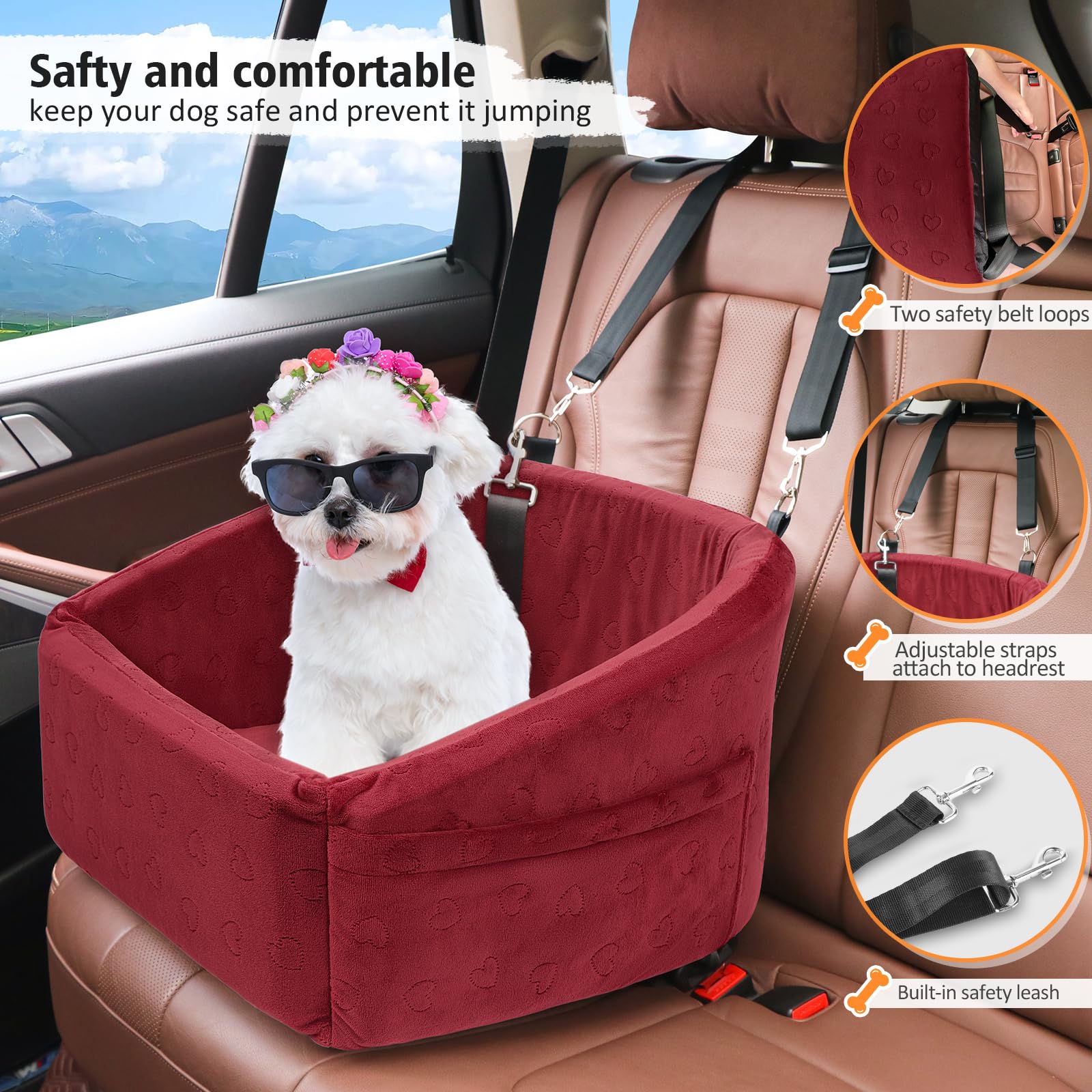 Neezukar Dog Car Seat For Small Medium Dogs,Detachable Washable Dog Booster Seat Under 30Lbs, Pet Car Seats Travel Bed With Stor