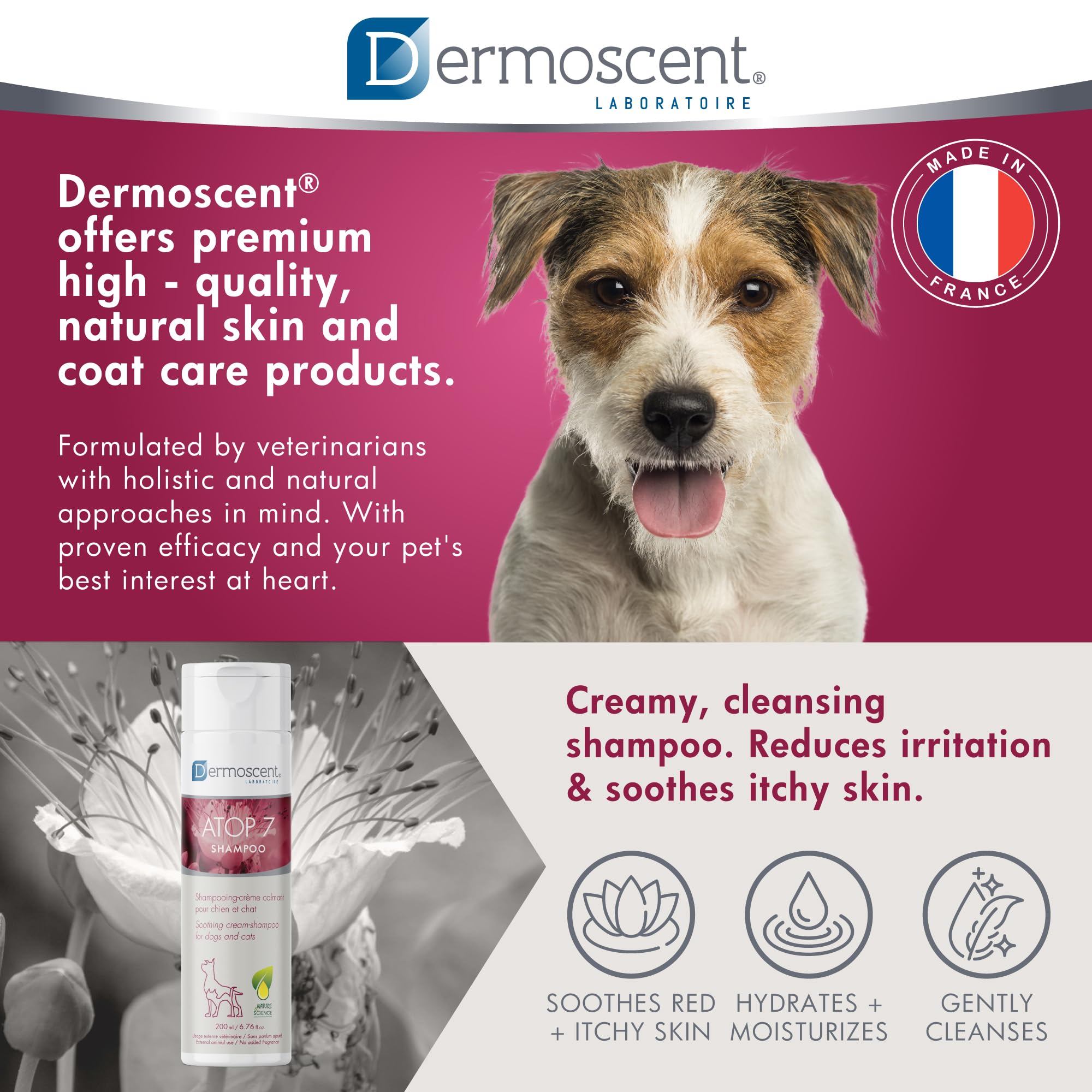Dermoscent Atop 7 Shampoo For Dogs & Cats - Allergies & Itchy Skin Relief - Natural Ingredients - Helps Soothe Dermatitis & Atop