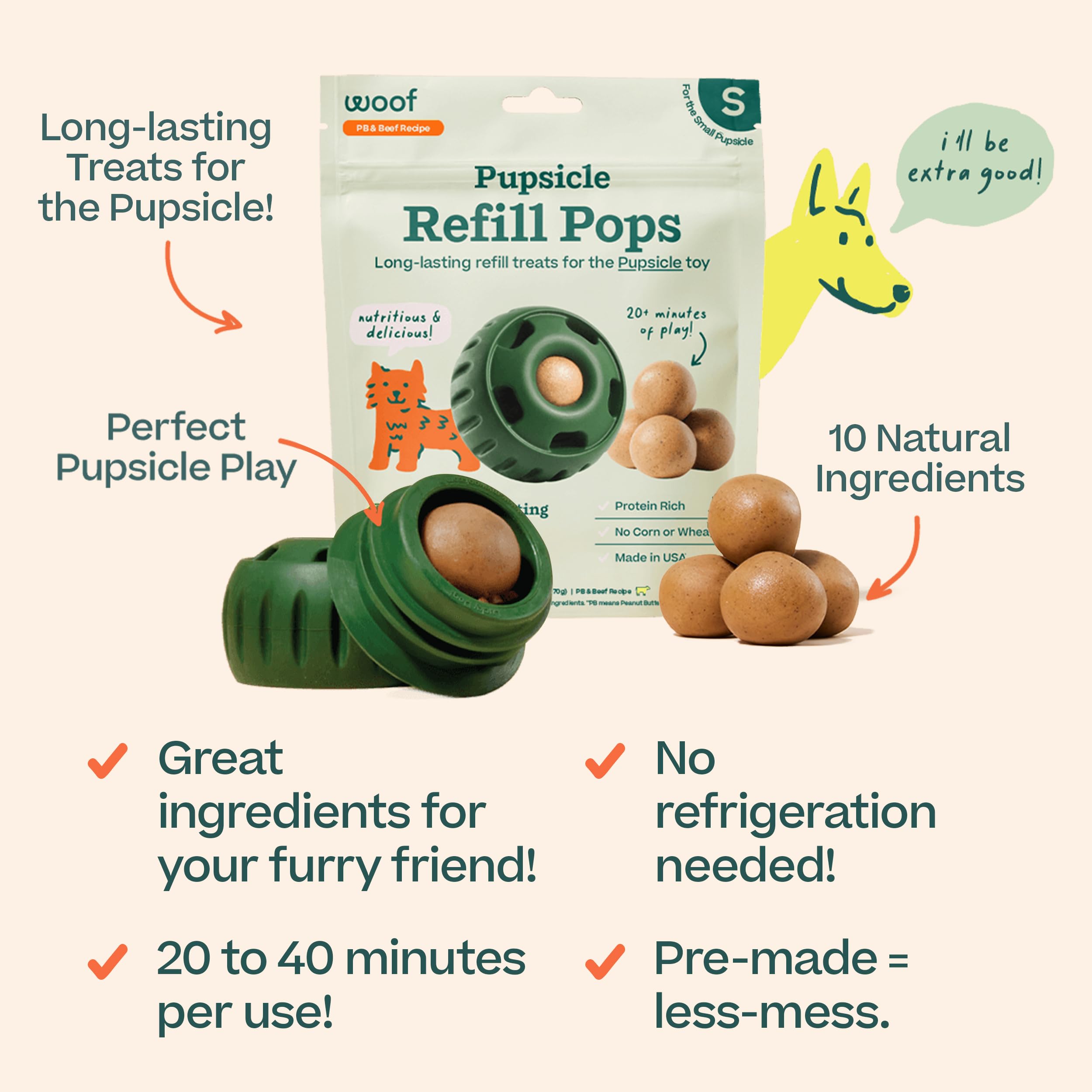 WOOF Pupsicle Refill Pops - Low-Mess Dog Snacks - with Peanut Butter and Beef - Dog Treats - Long Lasting - Small Pops - 10 Coun