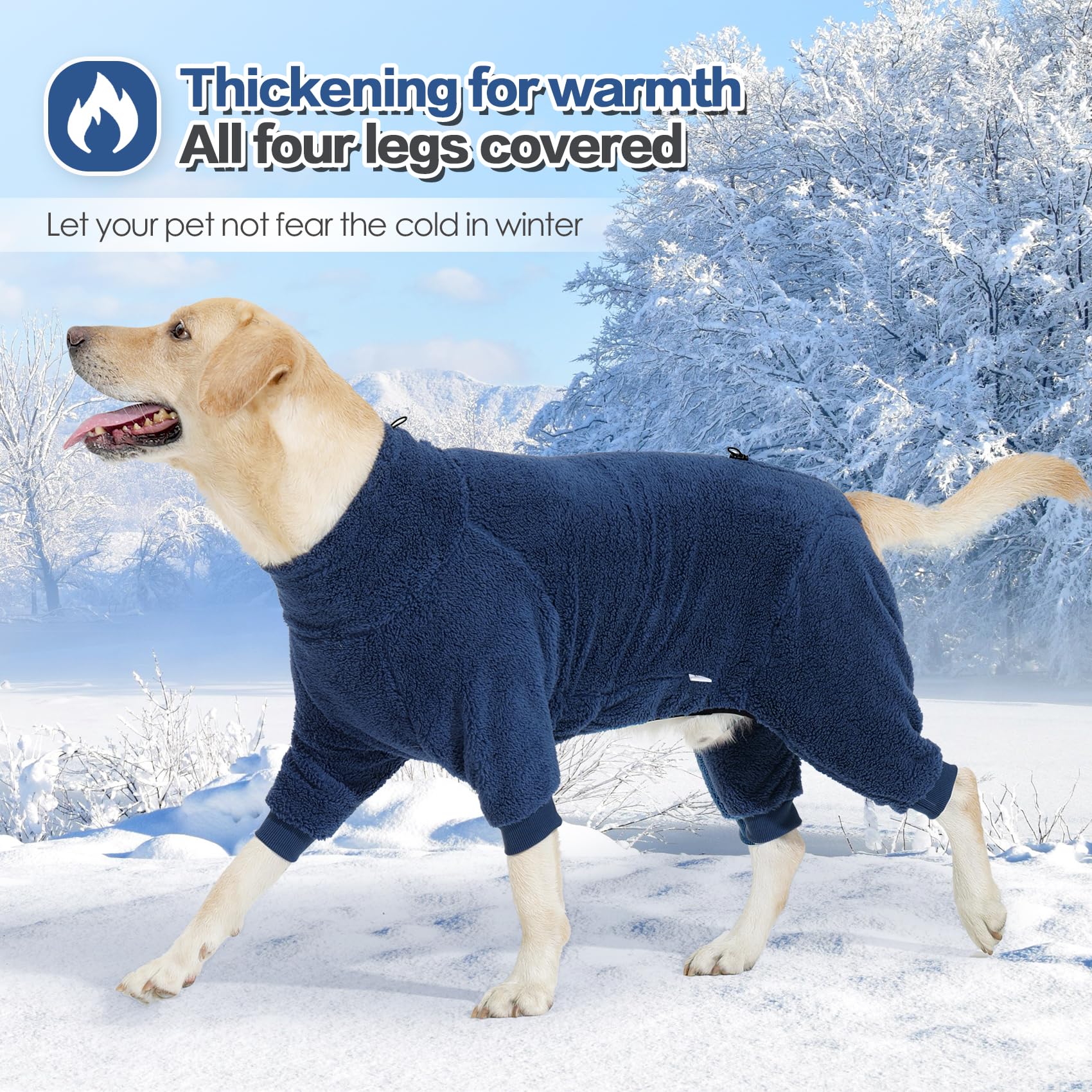 Pinellia Winter Coat, Warm Fleece Dog Jacket & Windproof Pajamas - Full Body Jumpsuit For Medium & Large Dogs (Medium, Navyblue)