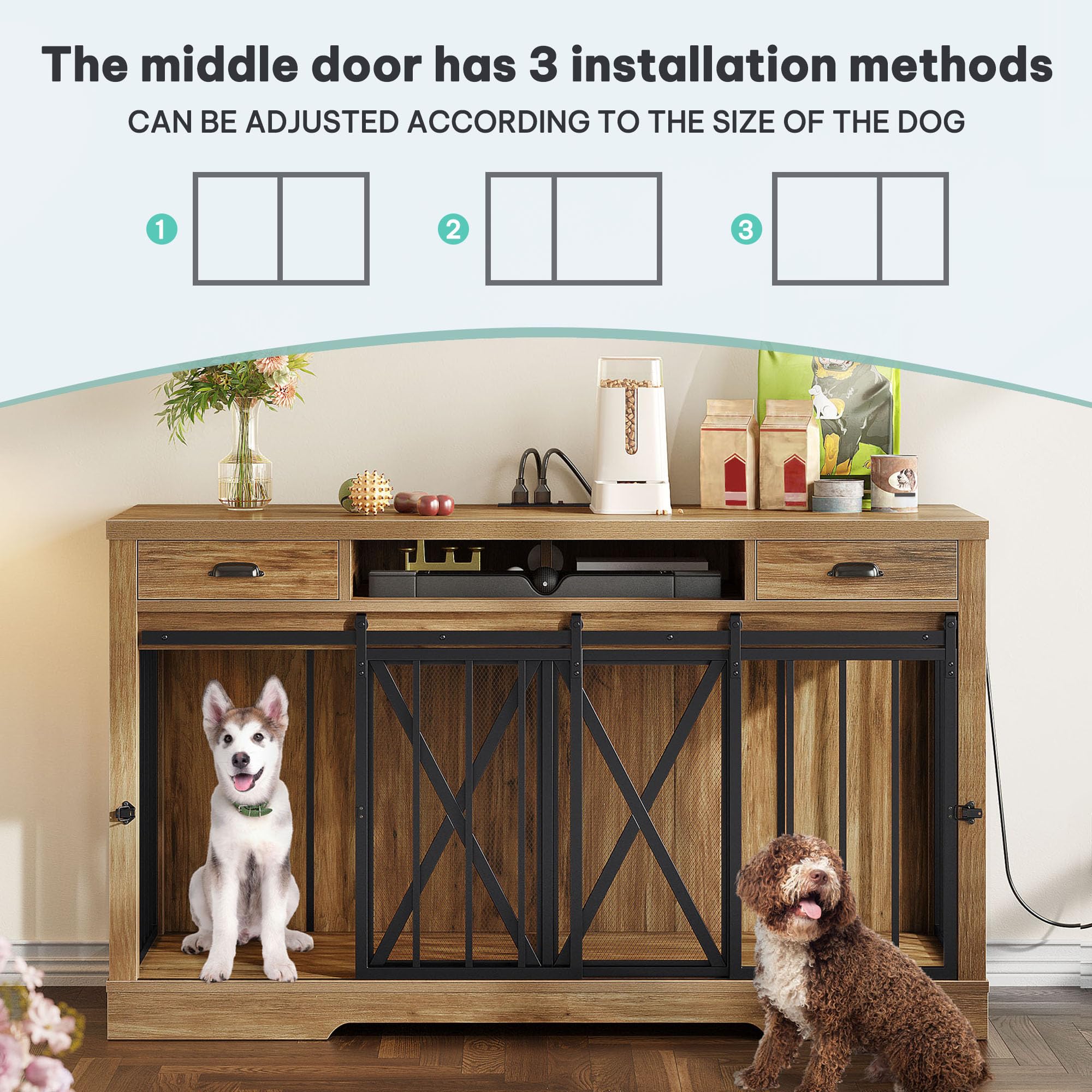 YITAHOME 63" Double Dog Crate TV Stand - Heavy Duty Wooden Indoor Kennel, Brown, Engineered Wood, Model MAYIHibdkN