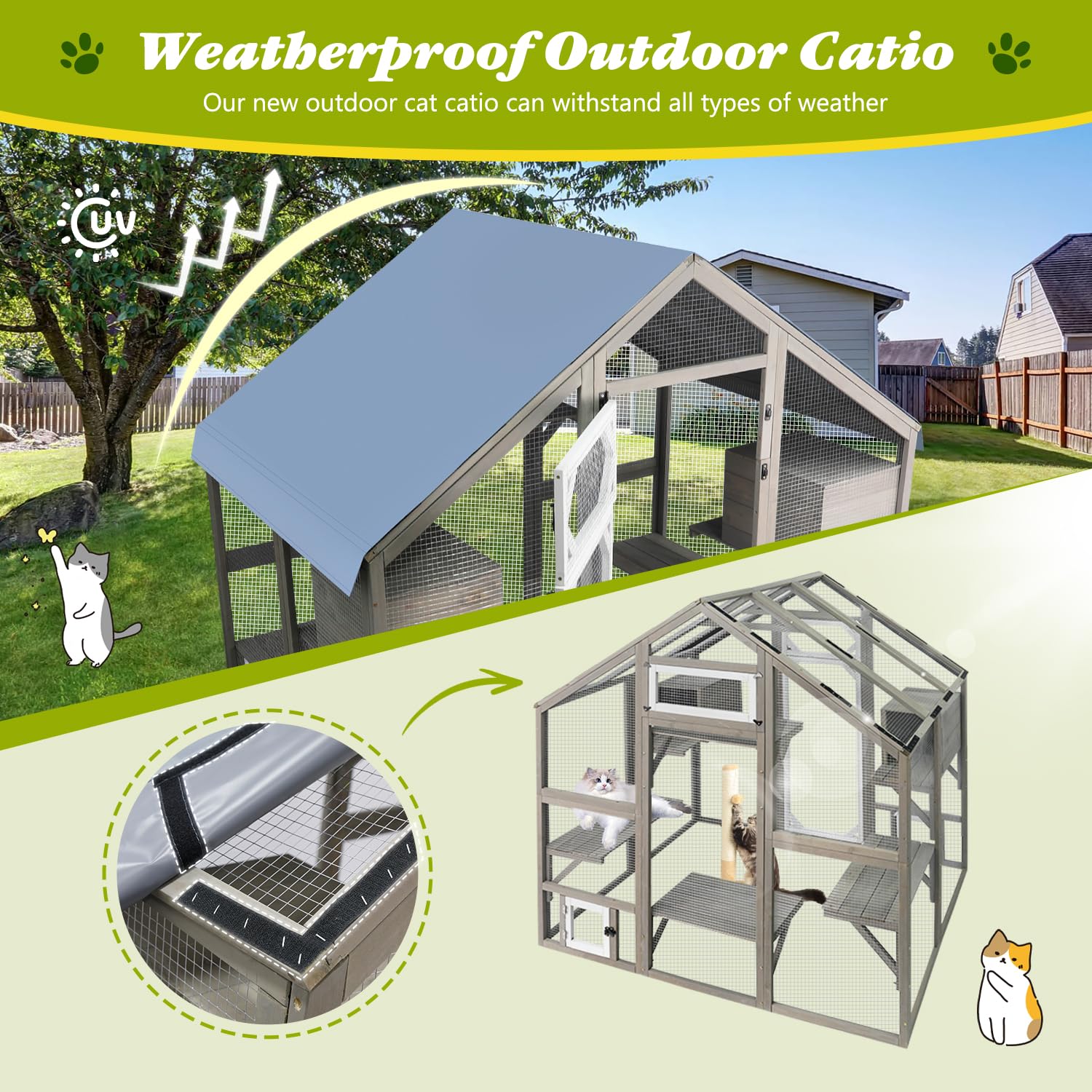 PetsCosset Cat Catio Outdoor Enclosure - Large Weatherproof Wooden Kitty Kennel for 2-3 Cats, 71" H, Grey, Model PET03-Catio
