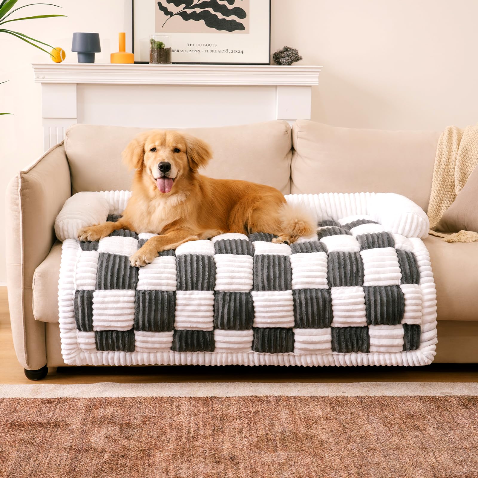 Funny Fuzzy Couch Cover For Dogs, Loveseat Covers Bed For Large Dogs Cream Plaid Washable Pet Mat For Furniture Protector For Ca
