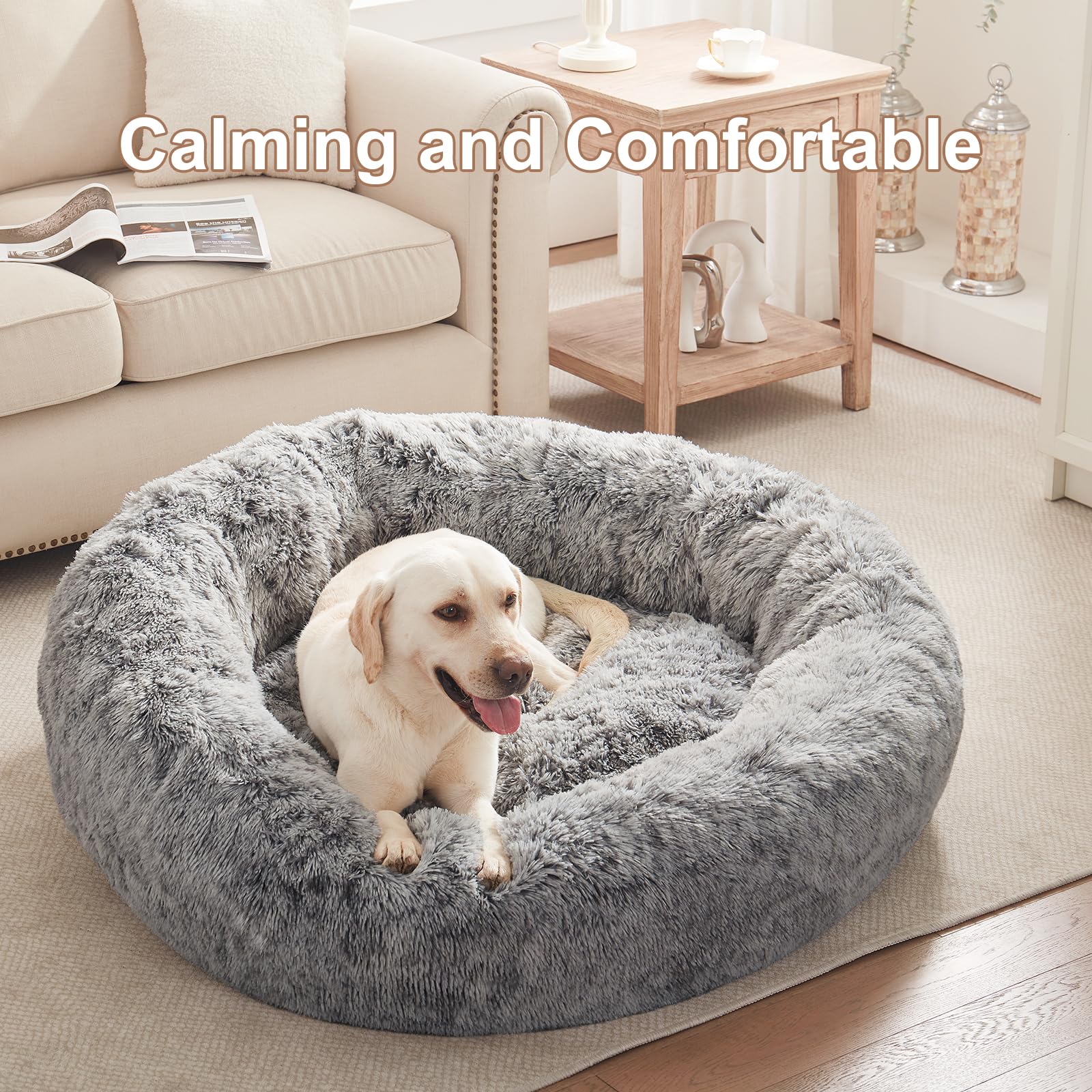 BedStill 45 inches Donut Dog Bed for Extra Large Dogs,Calming Fluffy Round Jumbo Pet Bed with Removable & Washable Cover, Fits u