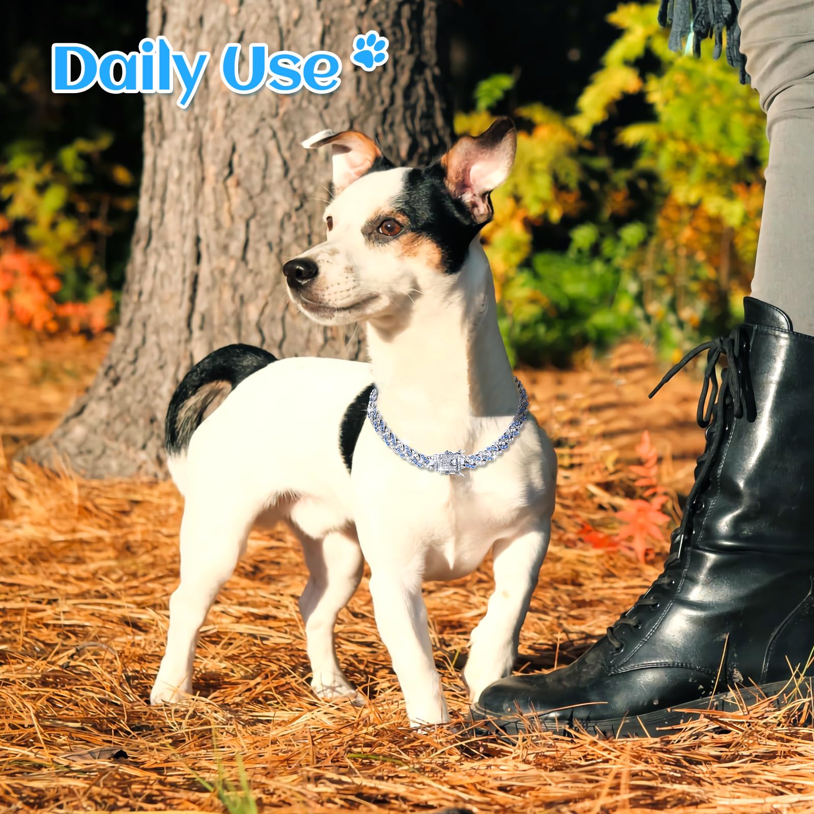 14Inch Glitter Dog Chain Collar Blue Silver Diamond Dog Collars Cuban Dog Chains Necklace Puppy Pet Metal Link Chain With Buckle Christmas Pet Jewelry Accessories Chain For Small Medium Dogs Cats