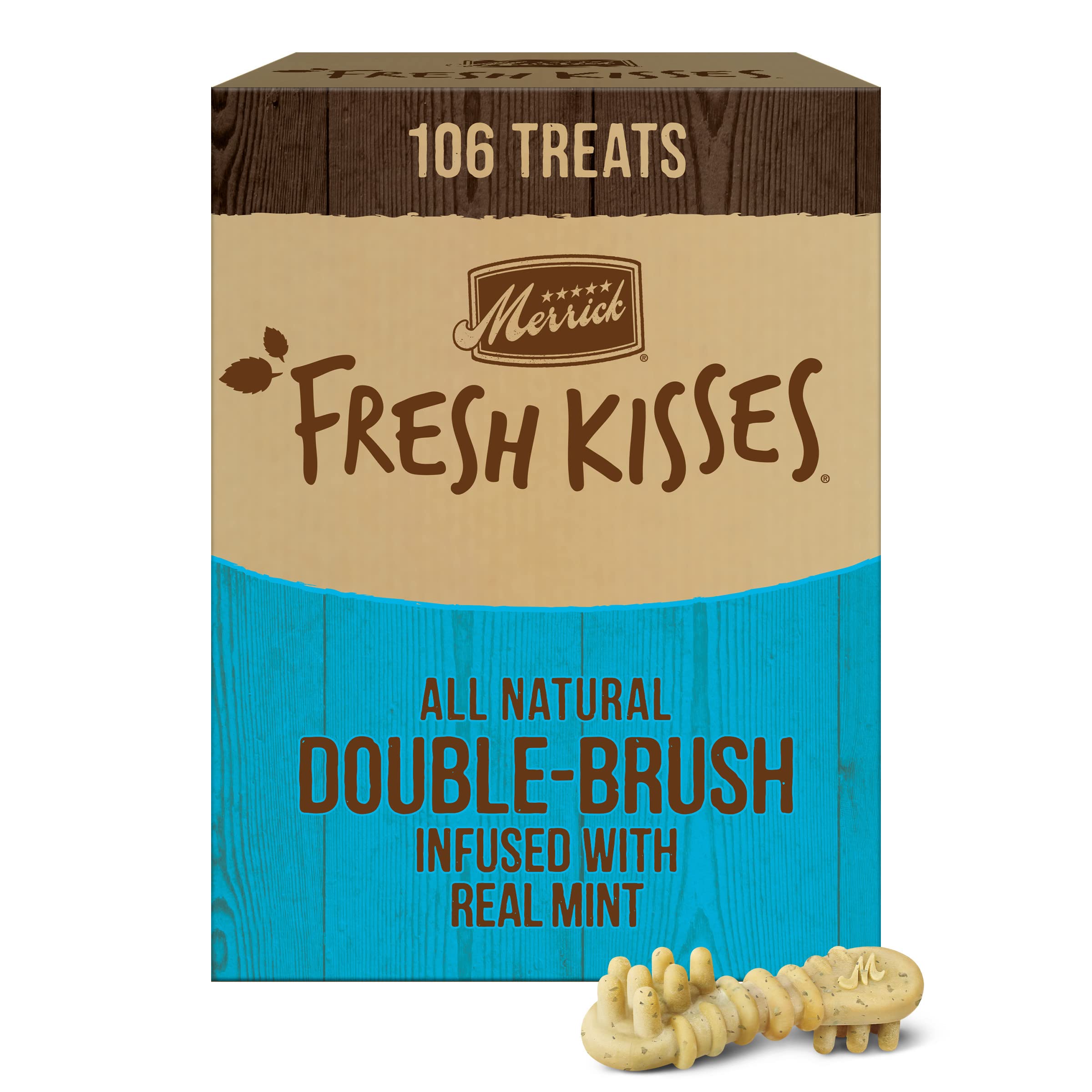 Merrick Fresh Kisses Natural Dental Chews Toothbrush Treat Shape Infused with Real Mint for Tiny Dogs 5-15 Lbs - 106 ct. Box
