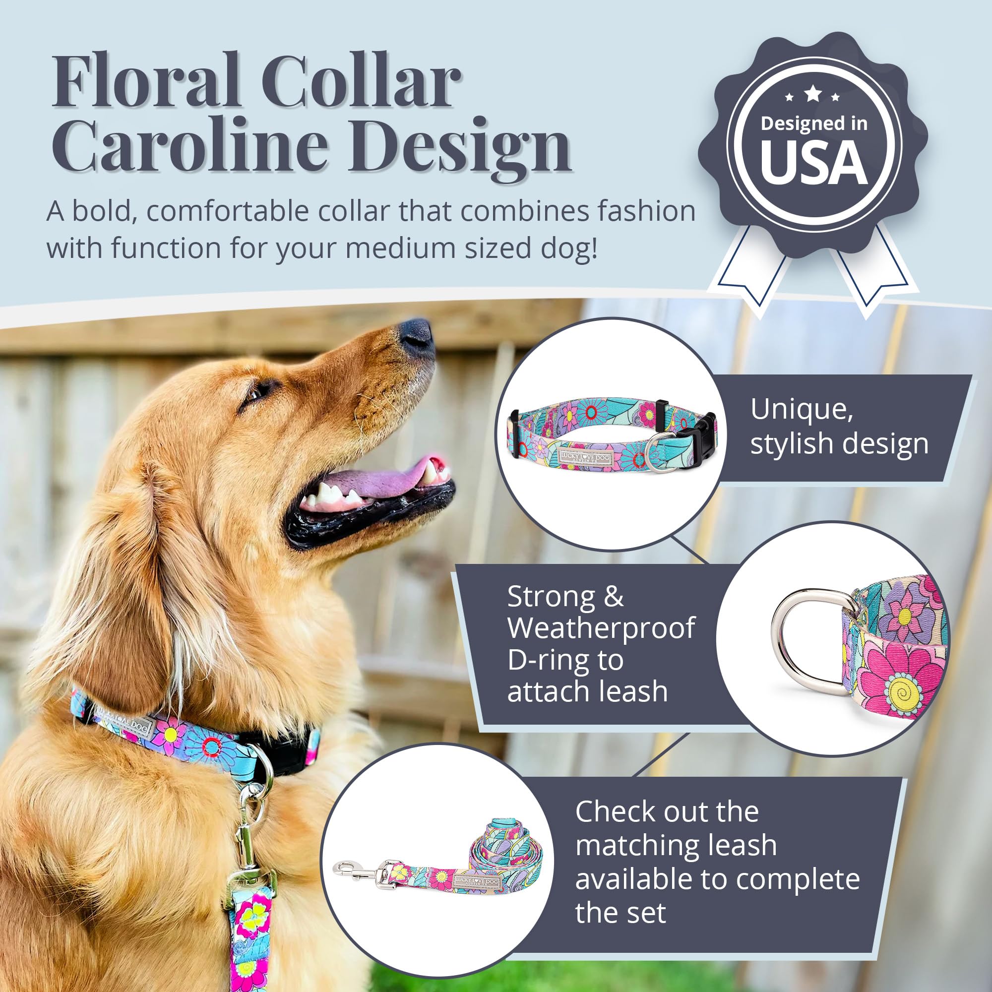 Lucky Love Dog Collars, Vivid Flower Pattern Dog Collars For Medium Female Dogs, Spring & Summer Floral Themed Print, Caroline,