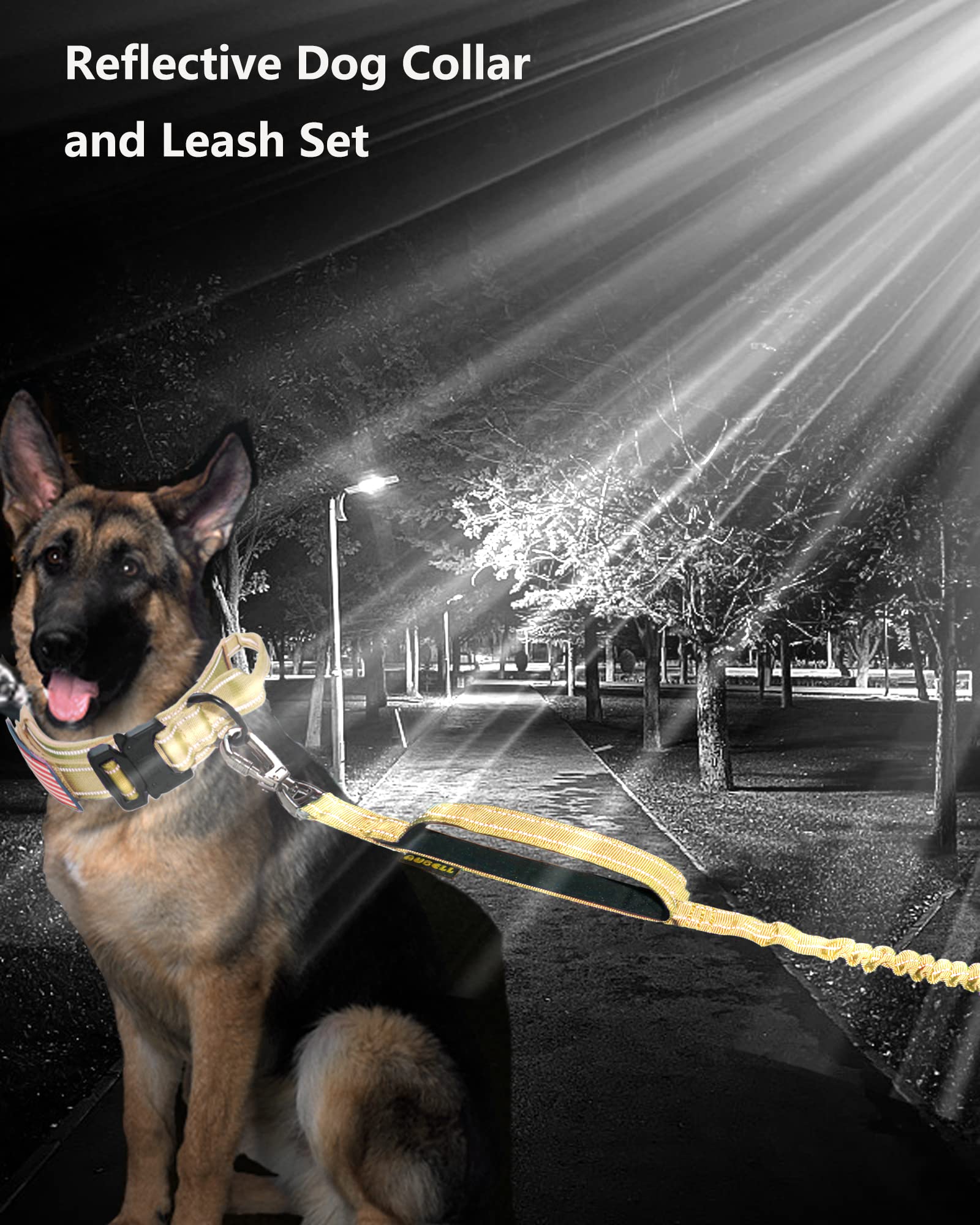 AUBELL Tactical Dog Collar and Leash Set, Heavy Duty Nylon, Reflective, XL Yellow, Model JLSETYXL003, with Airtag Case and Patches