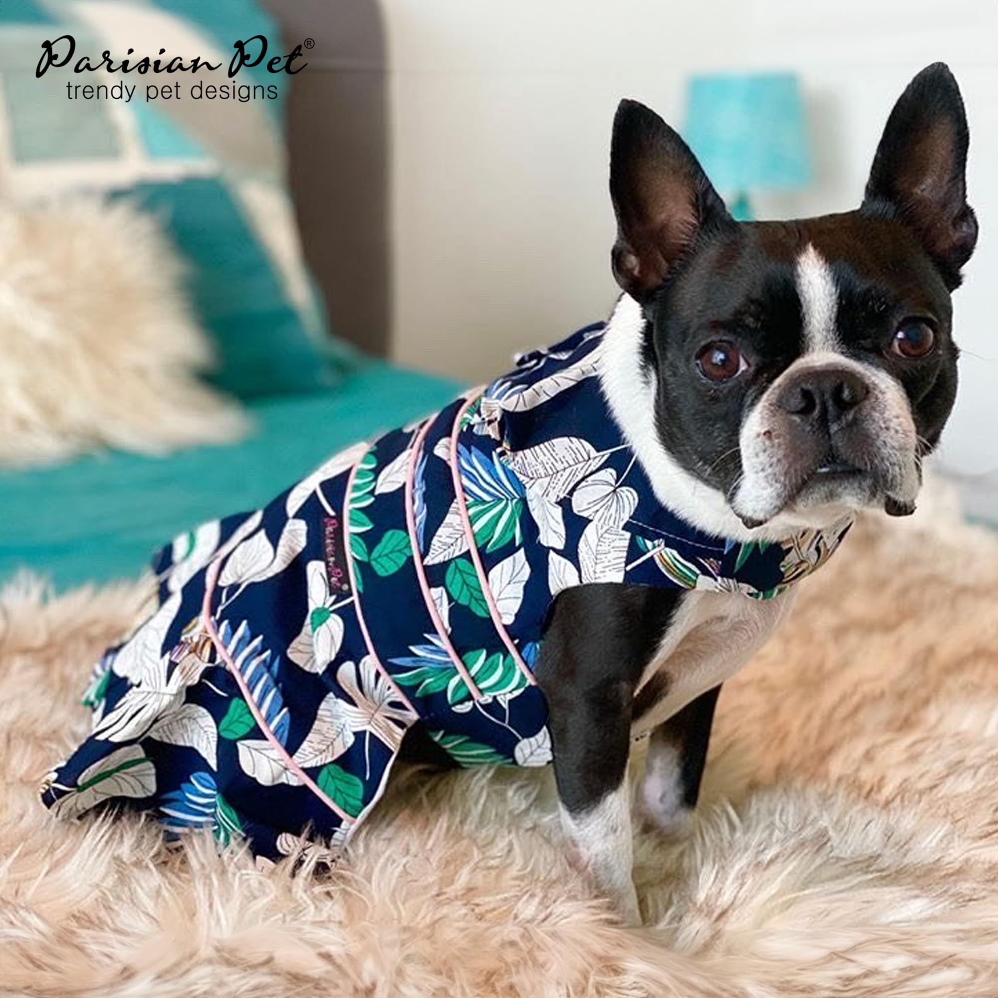 Parisian Pet Palm Leaves Summer Dress - Magic Strap Closure Dog Beach Outfit - Lightweight And Breathable For Medium Dogs Girl