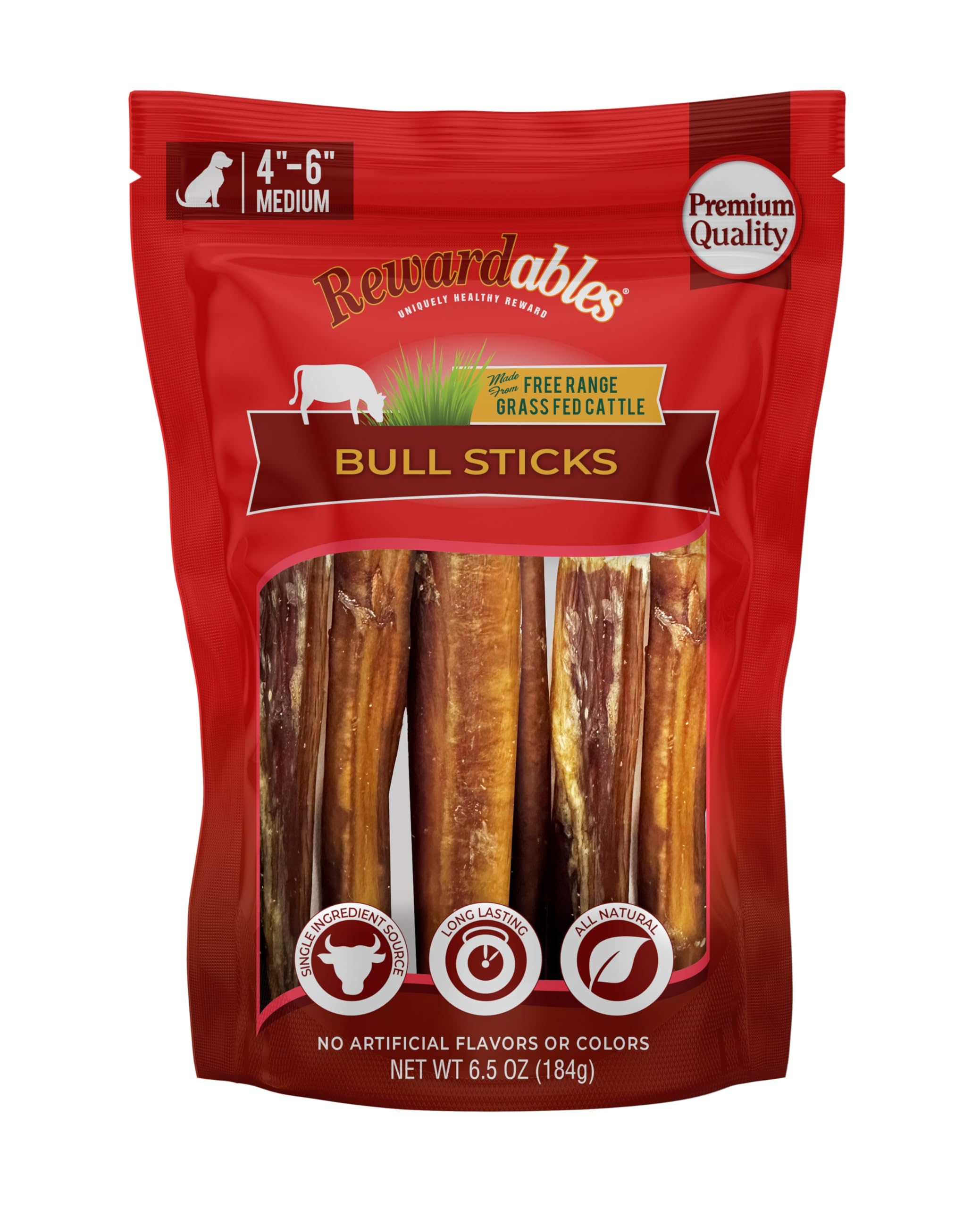 Rewardables Bully Stick,Small, Single-Ingredient, Premium, All-Natural Grass-Fed Bull Stick, Long Lasting Dog Chew for Aggressiv