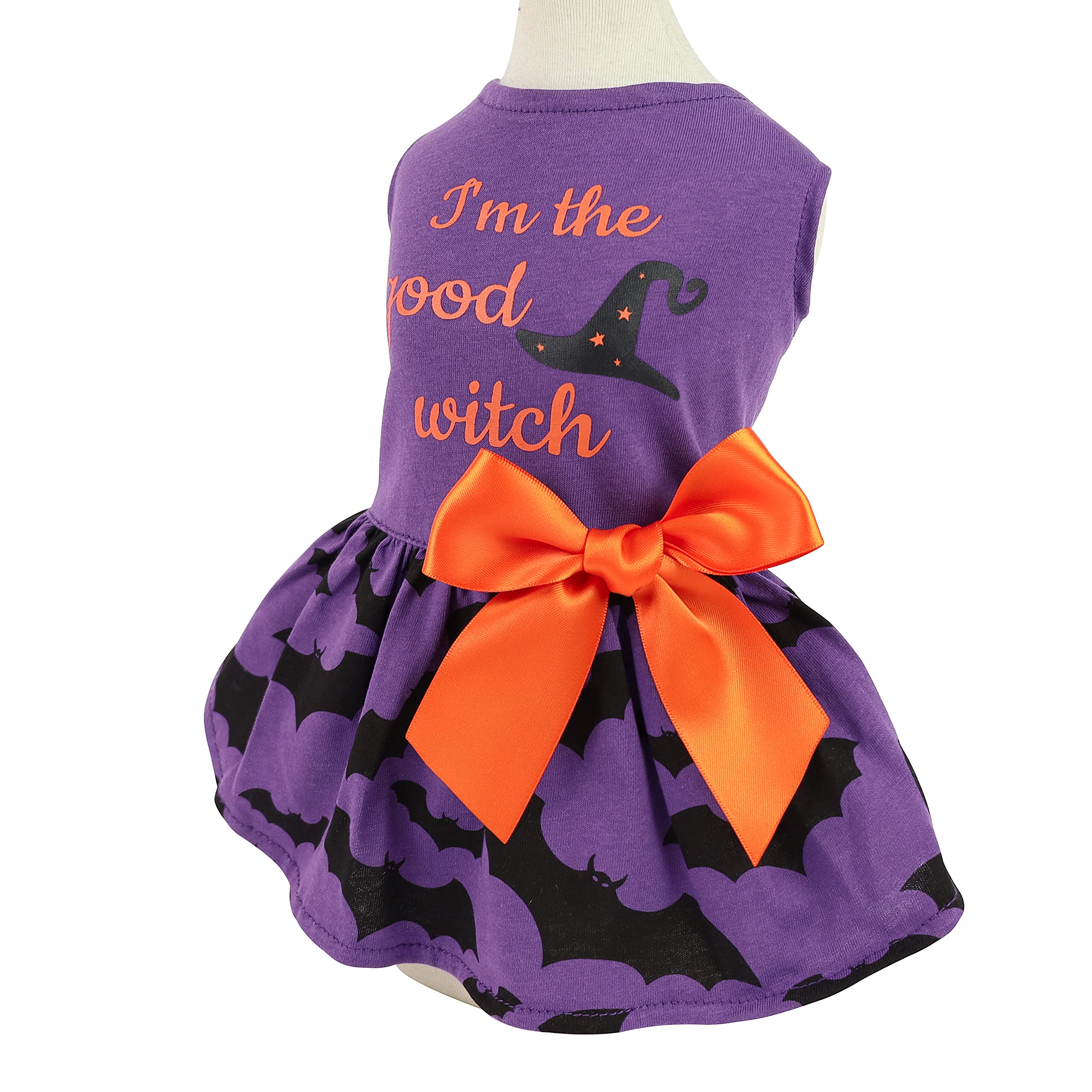 Fitwarm 100% Cotton I'M The Good Witch Halloween Dog Costume Puppy Dress Doggie Party One Piece With Bowknot Pumkin Bat Pet Vest Shirt Holiday Cat Outfits Purple Xx-Small