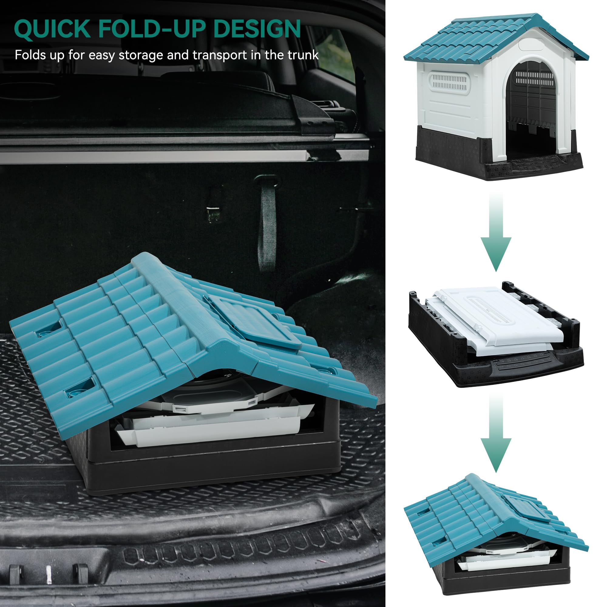 YITAHOME Folding Dog House, 26.8'' L, Water Resistant, Blue Resin, Adjustable Skylight, Elevated Base for Small Dogs