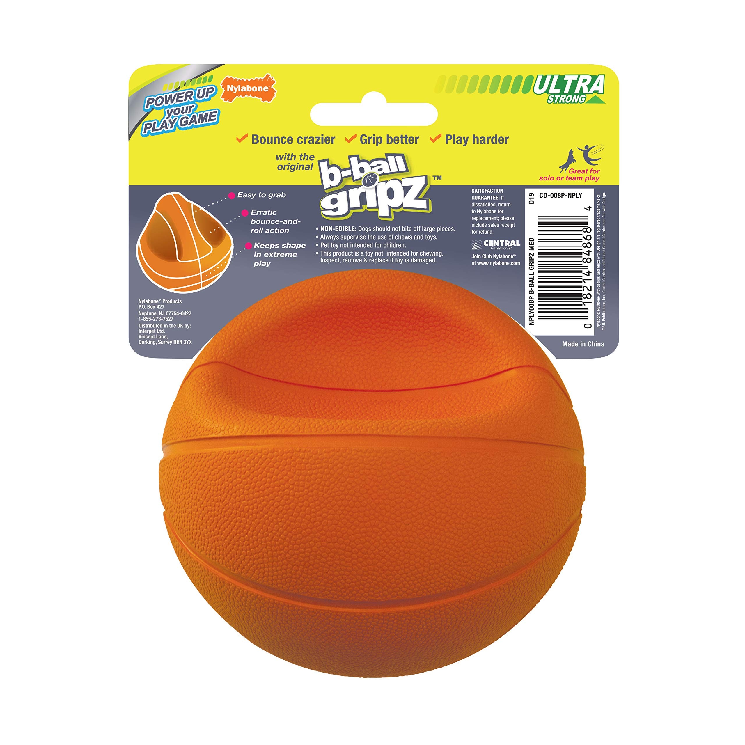 Nylabone Power Play Gripz Rubber Fetch Toy, Squeaky Basketball for Dogs, Medium, Orange, Model NPLY008P