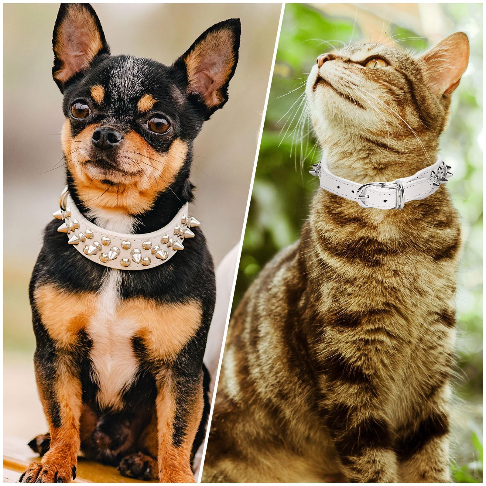 Doggyzstyle Spiked Studded Leather Dog Cat Collar For Small Medium Large Dogs,Soft Adjustable White Pu Leather Cat Small Dog Collars, Durable Leather Puppy Collars For Chihuahua Yorkshire (White,Xxs)