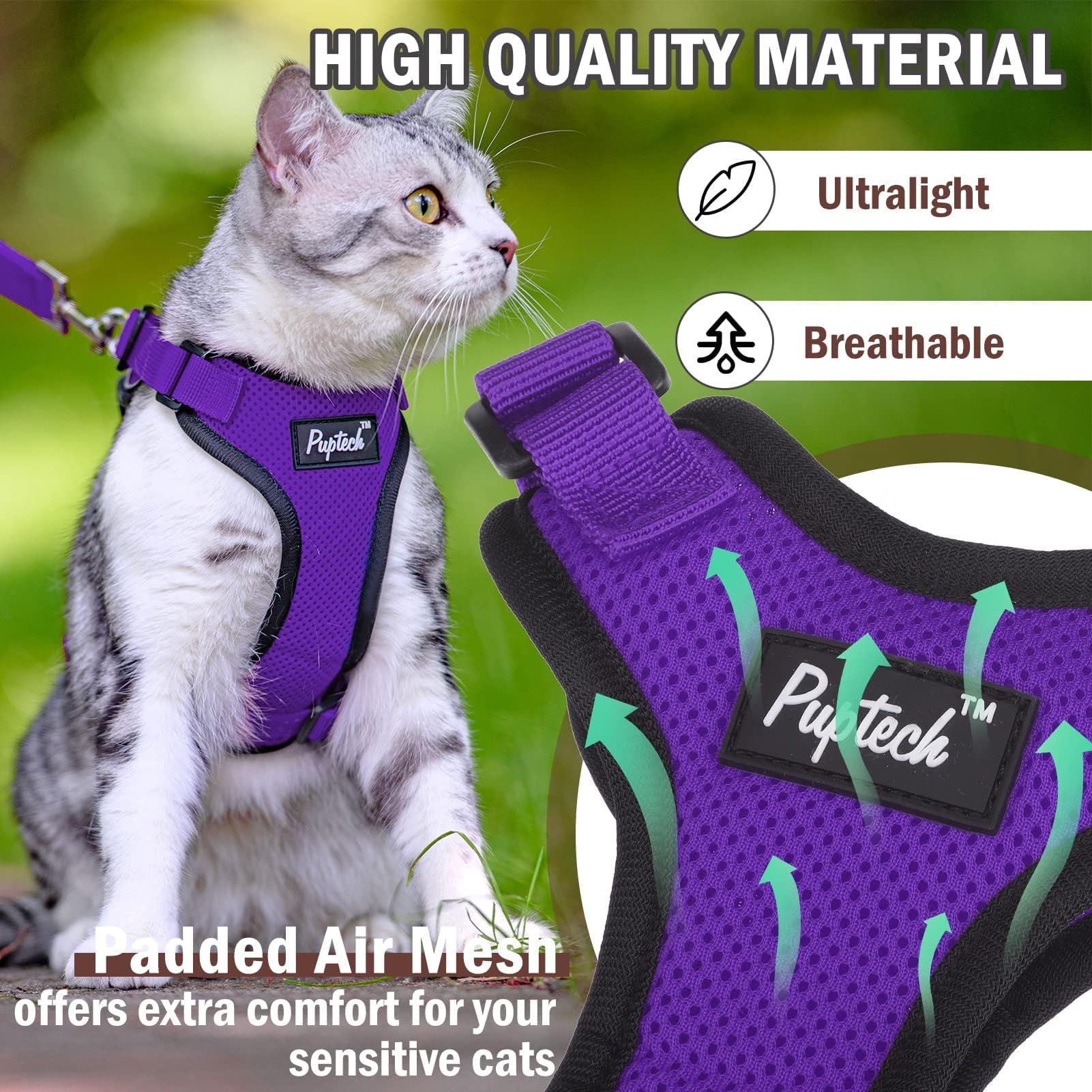 Pupteck Cat Harness And Leash Set Escape Proof For Walking, Breathable Mash Vest Adjustable Harness For Cats Puppy Small Animals