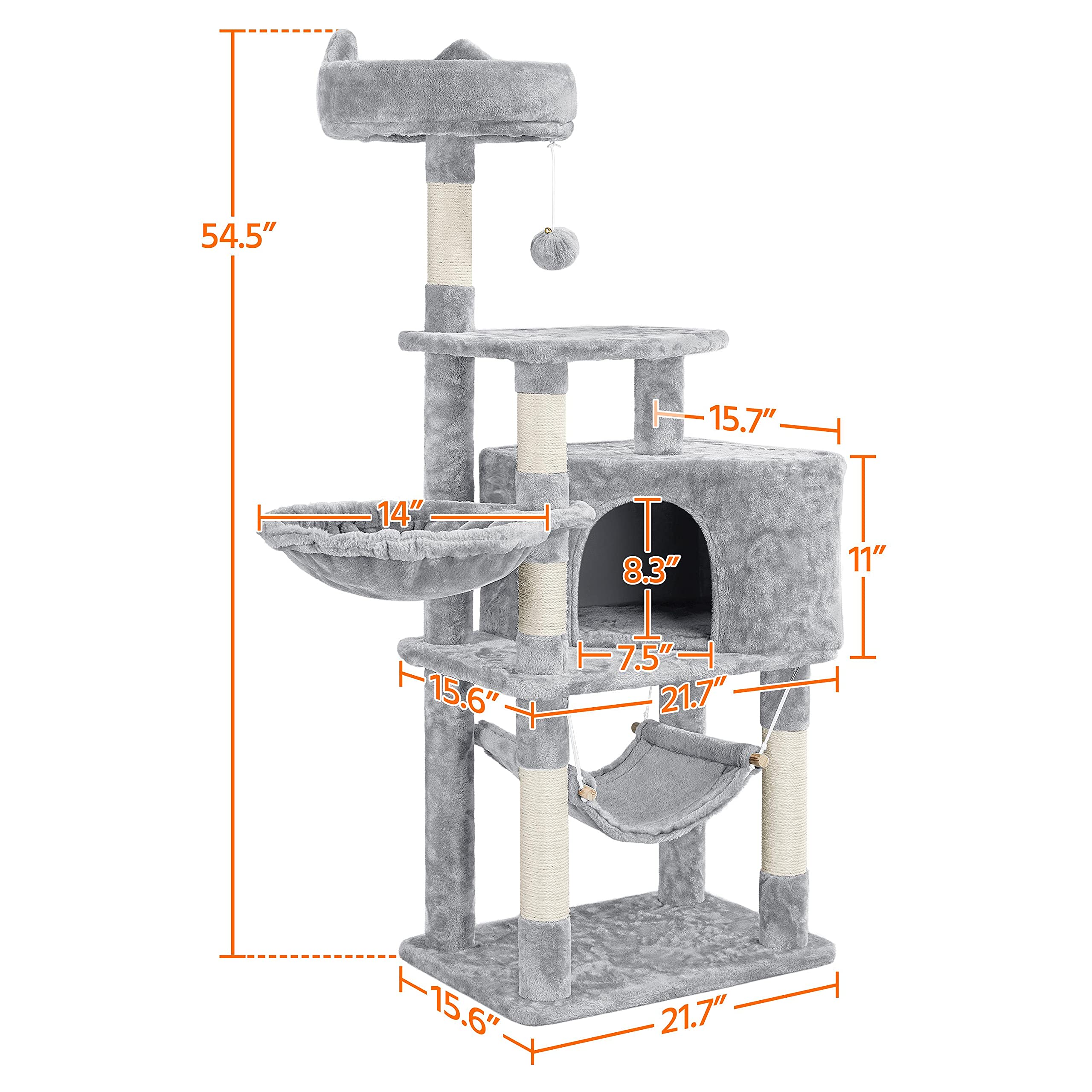Yaheetech Multi-Level Cat Tree Condo Furniture 54.5', With Large Perch, 2.8'' Sisal Scratching Posts, Hammock, Basket, Fuzzy Ball, Stable Cat Tower Play Center Cat House