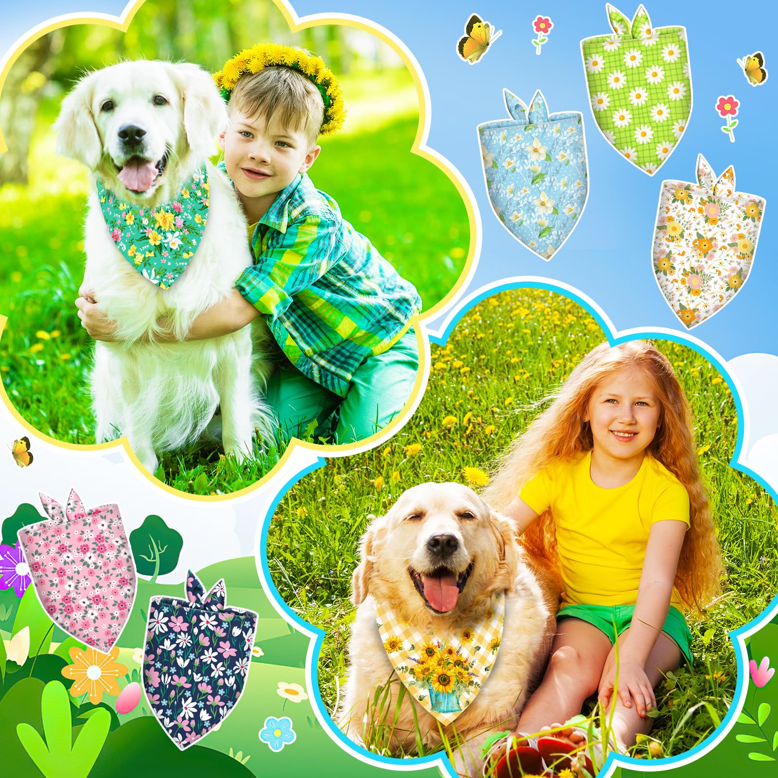 120 Pcs Spring Summer Dog Bandanas Bulk Adjustable Floral Puppy Scarves Pet Bandana Washable Flower Puppy Grooming Bandana For M