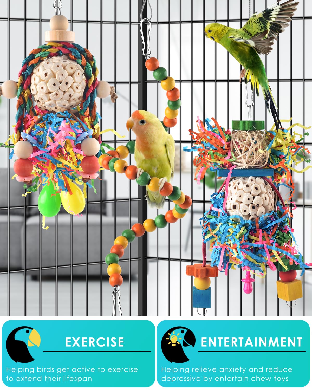 Bissap Conure Toys, 3 Pcs Parrot Foraging Shredder Hanging Toys Sola Balls With Sand Hammer Perch Swing Climbing For Small Parro