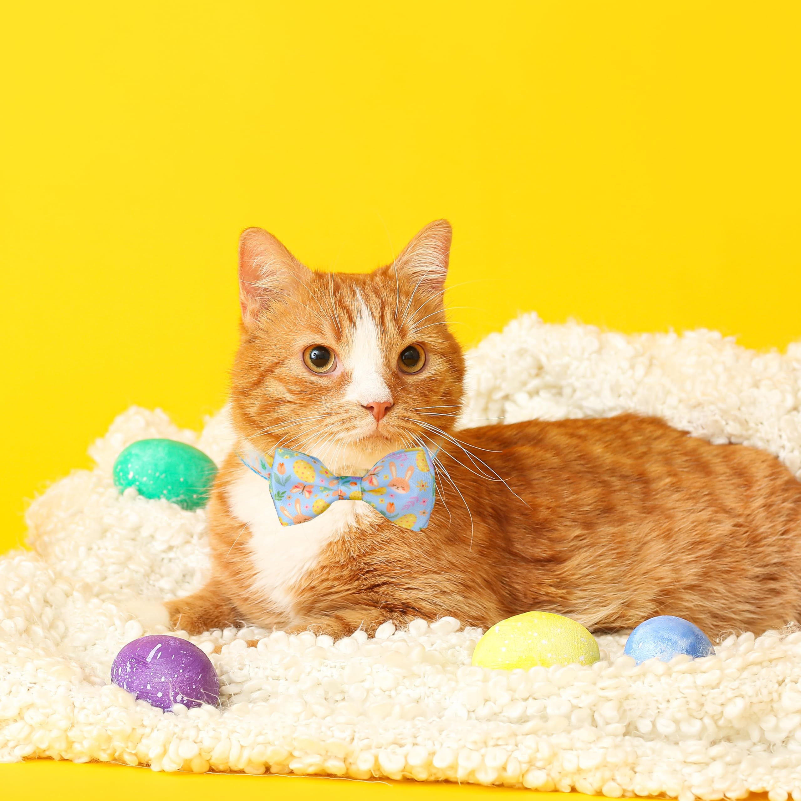 2 Pack Cat Collar With Bowtie And Charms Adjustable Breakaway Safety Design, Bunny And Pastel Egg Patterns, Soft Comfortable Nyl
