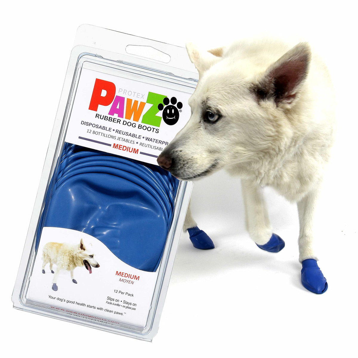 Pawz Rubber Dog Boots For Paws To 3' - All-Weather Dog Booties For Hot Pavement, Sand, Snow, Mud, And Rain - Anti Slip Dog Socks - M, Blue