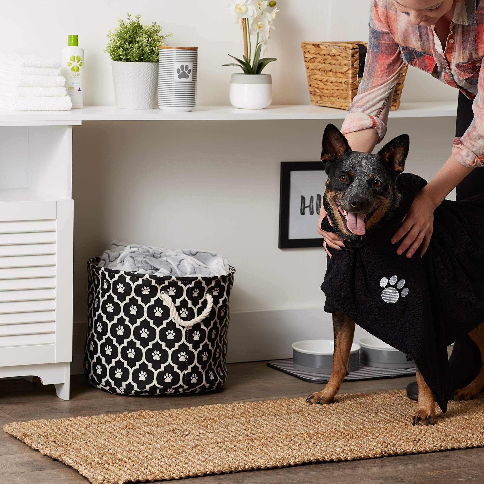 Bone Dry Pet Grooming Towel Collection Absorbent Microfiber X-Large, 41X23.5', Embroidered Black