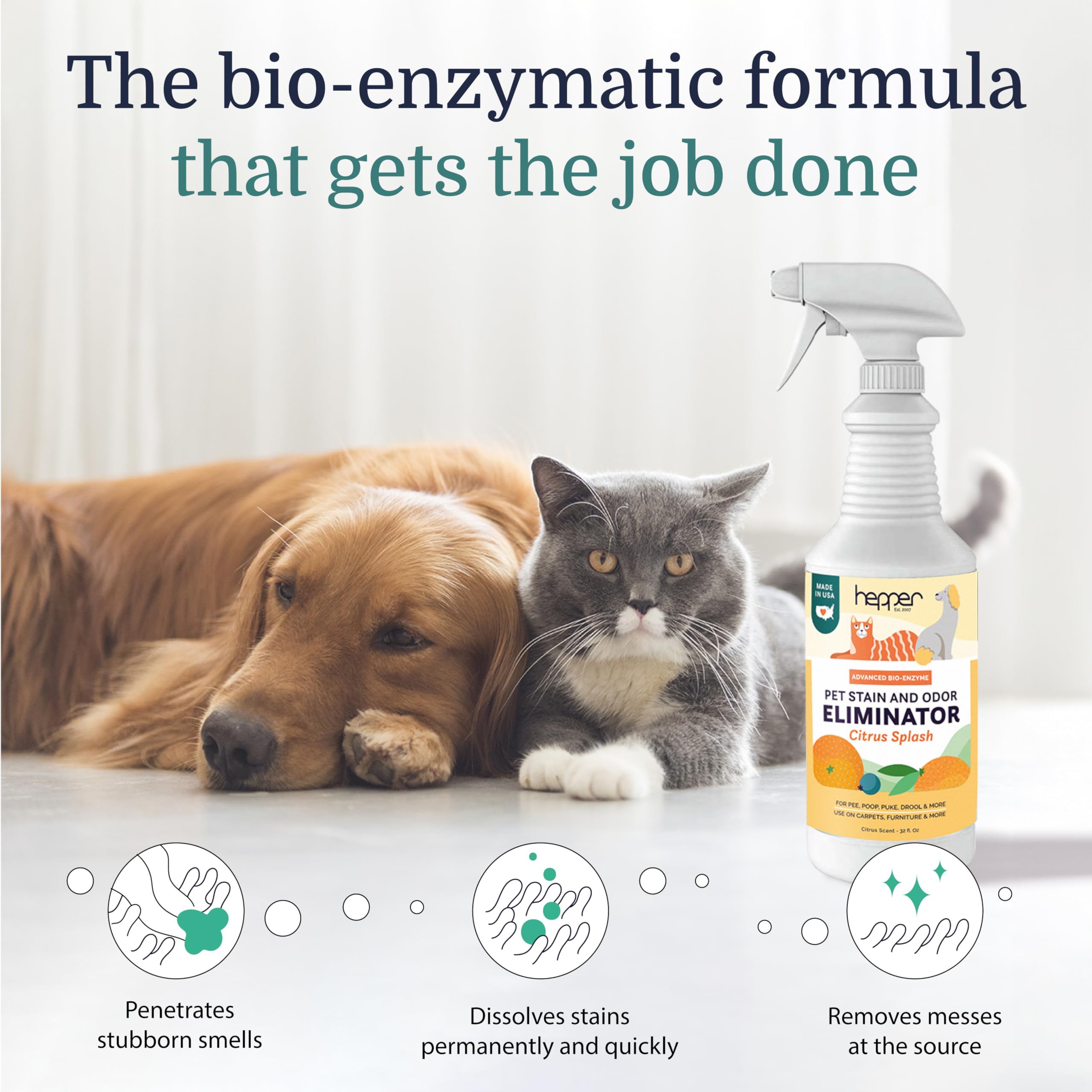 Hepper Advanced Bio-Enzyme Pet Stain & Odor Eliminator Spray - Smell, Stain & Urine Remover For Cats, Dogs & Other Animals - 32O